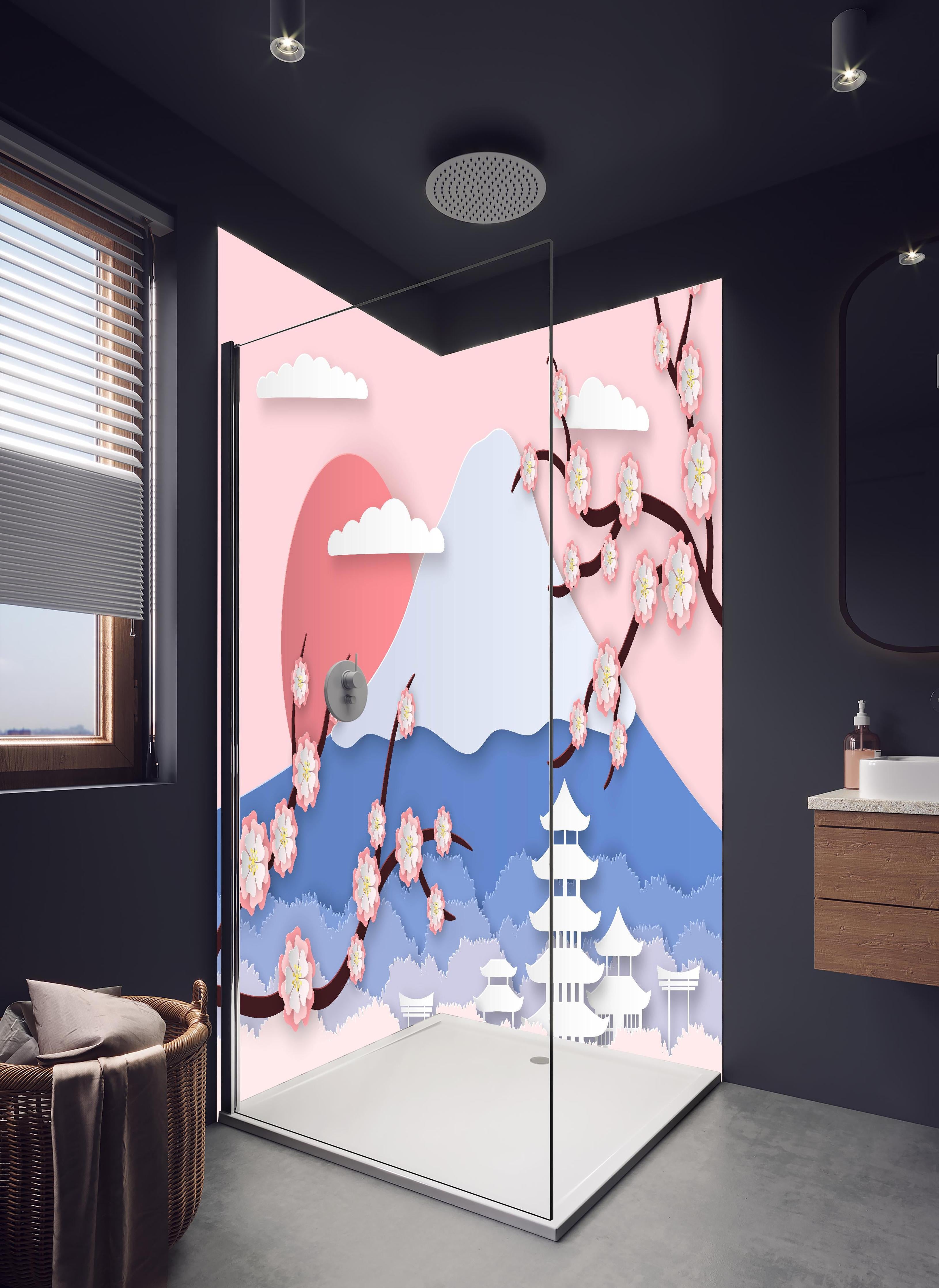 Duschrückwand - Papierkunst Japan Berge Sakura Sonnenuntergang in hellem Badezimmer mit Regenduschkopf - zweiteilige Eck-Duschrückwand