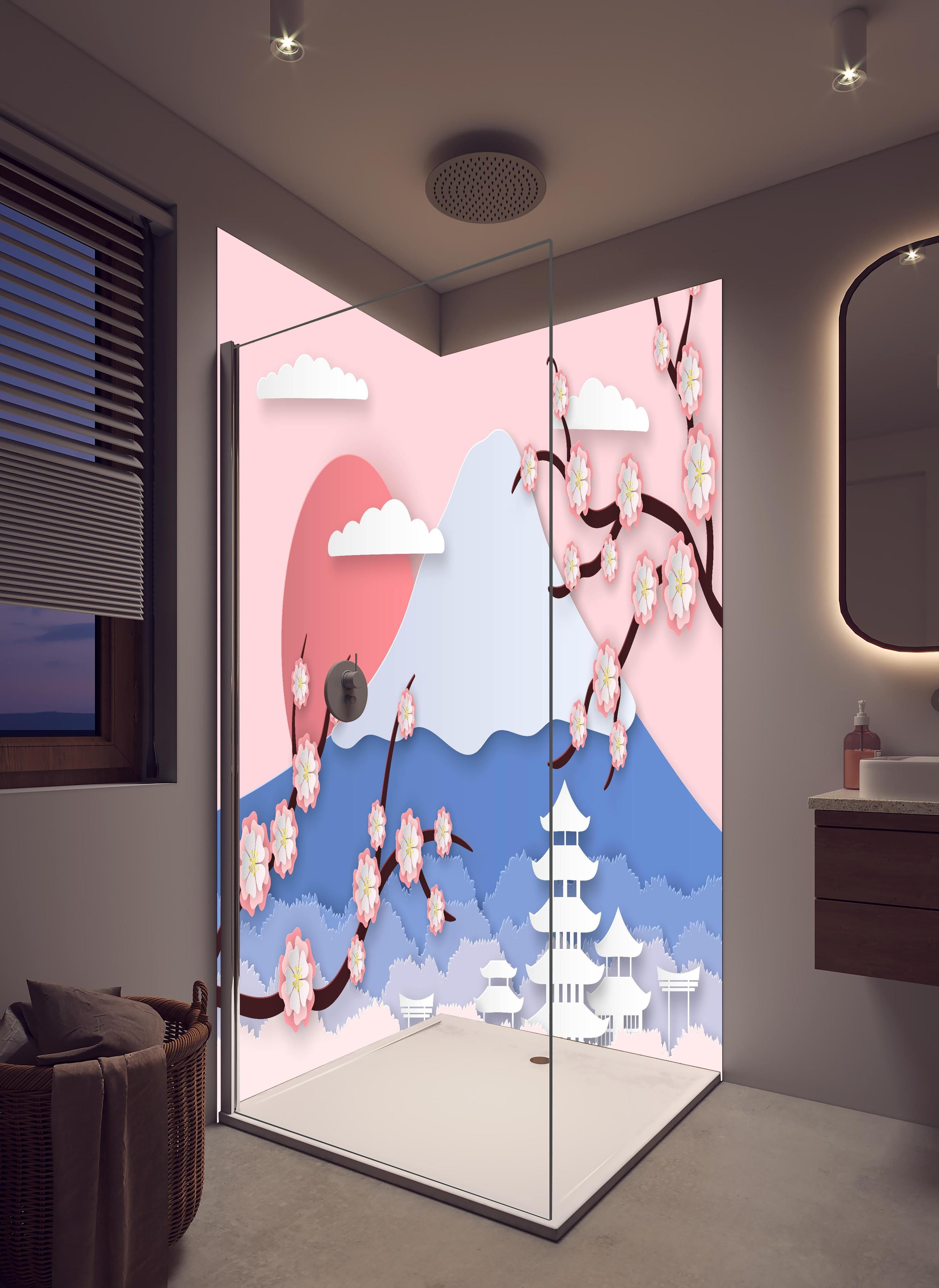 Duschrückwand - Papierkunst Japan Berge Sakura Sonnenuntergang in hellem Badezimmer mit Regenduschkopf - zweiteilige Eck-Duschrückwand
