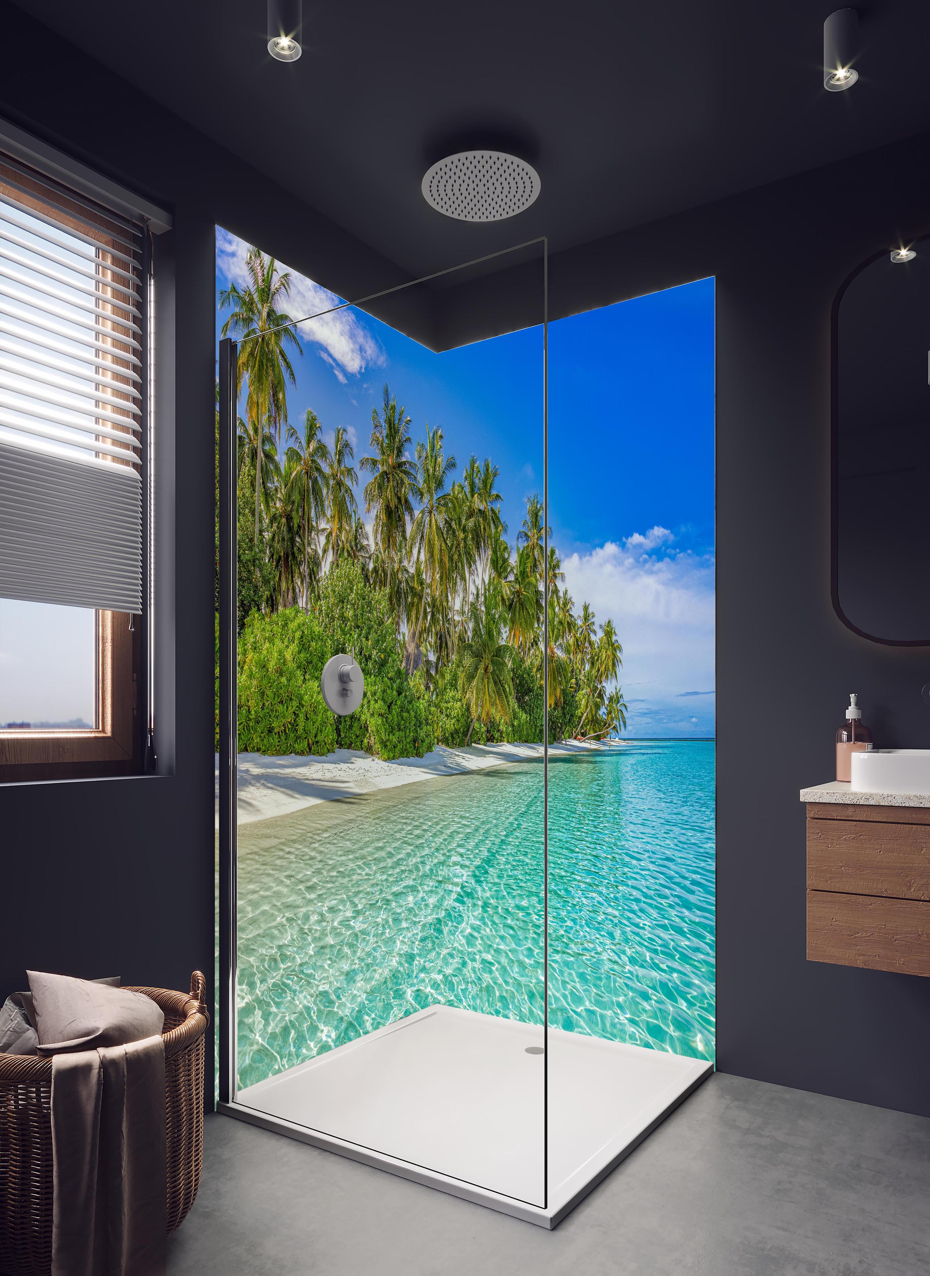 Duschrückwand - Paradiesische Insel in hellem Badezimmer mit Regenduschkopf - zweiteilige Eck-Duschrückwand