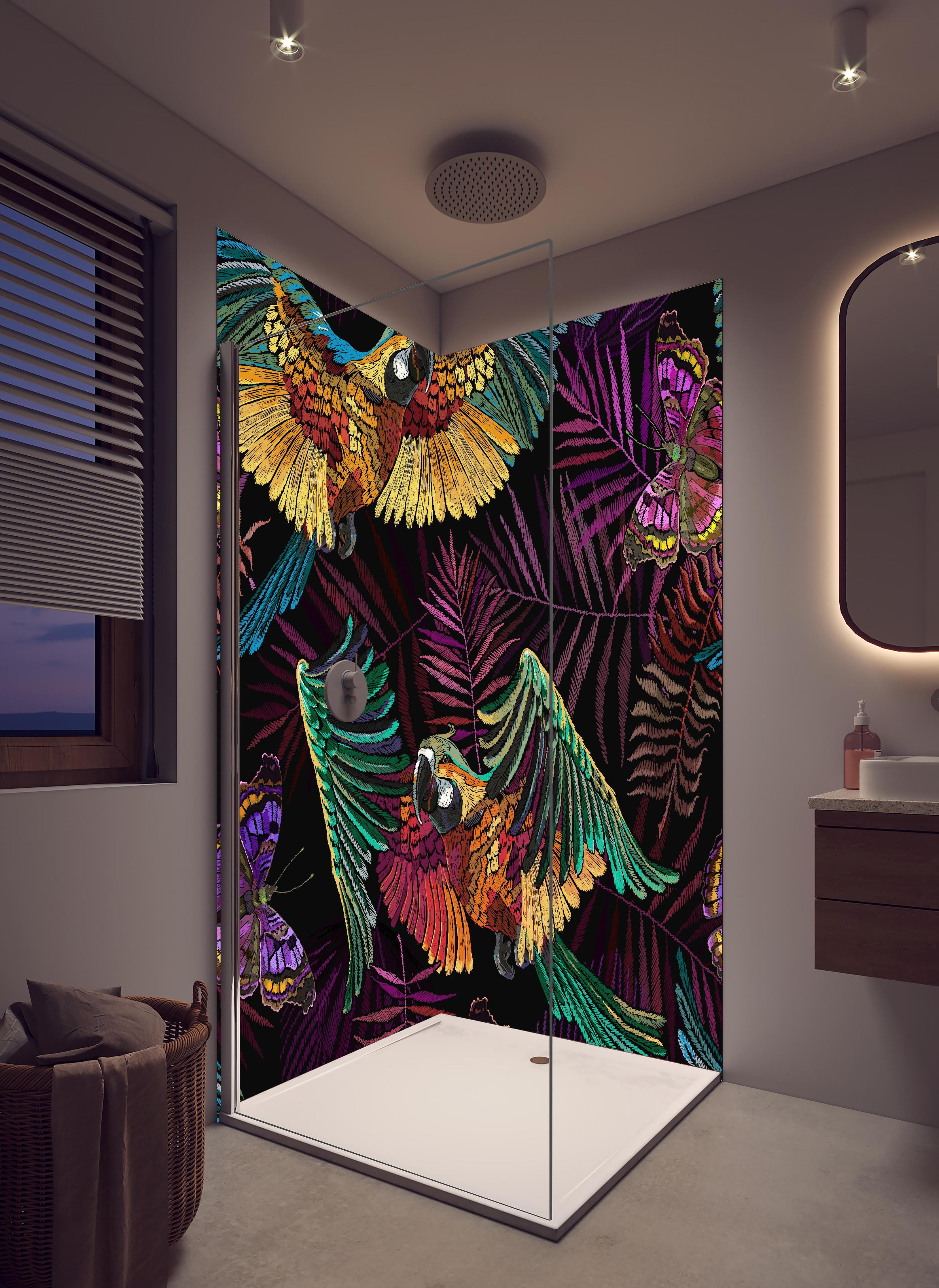 Duschrückwand - Paradiesisches Dschungel-Papageien Design in hellem Badezimmer mit Regenduschkopf - zweiteilige Eck-Duschrückwand
