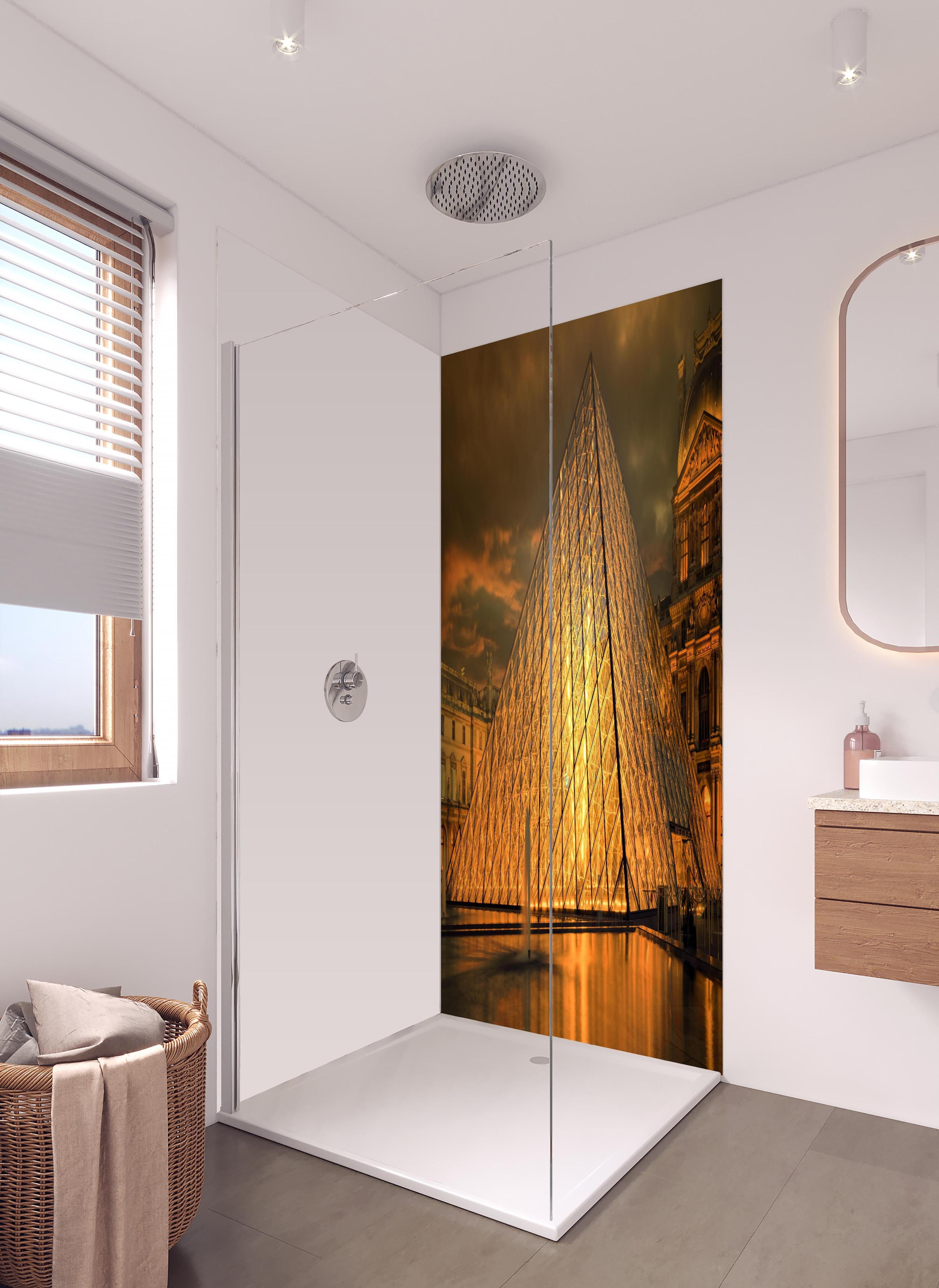 Duschrückwand - Paris Le Louvre in hellem Badezimmer mit Regenduschkopf - zweiteilige Eck-Duschrückwand