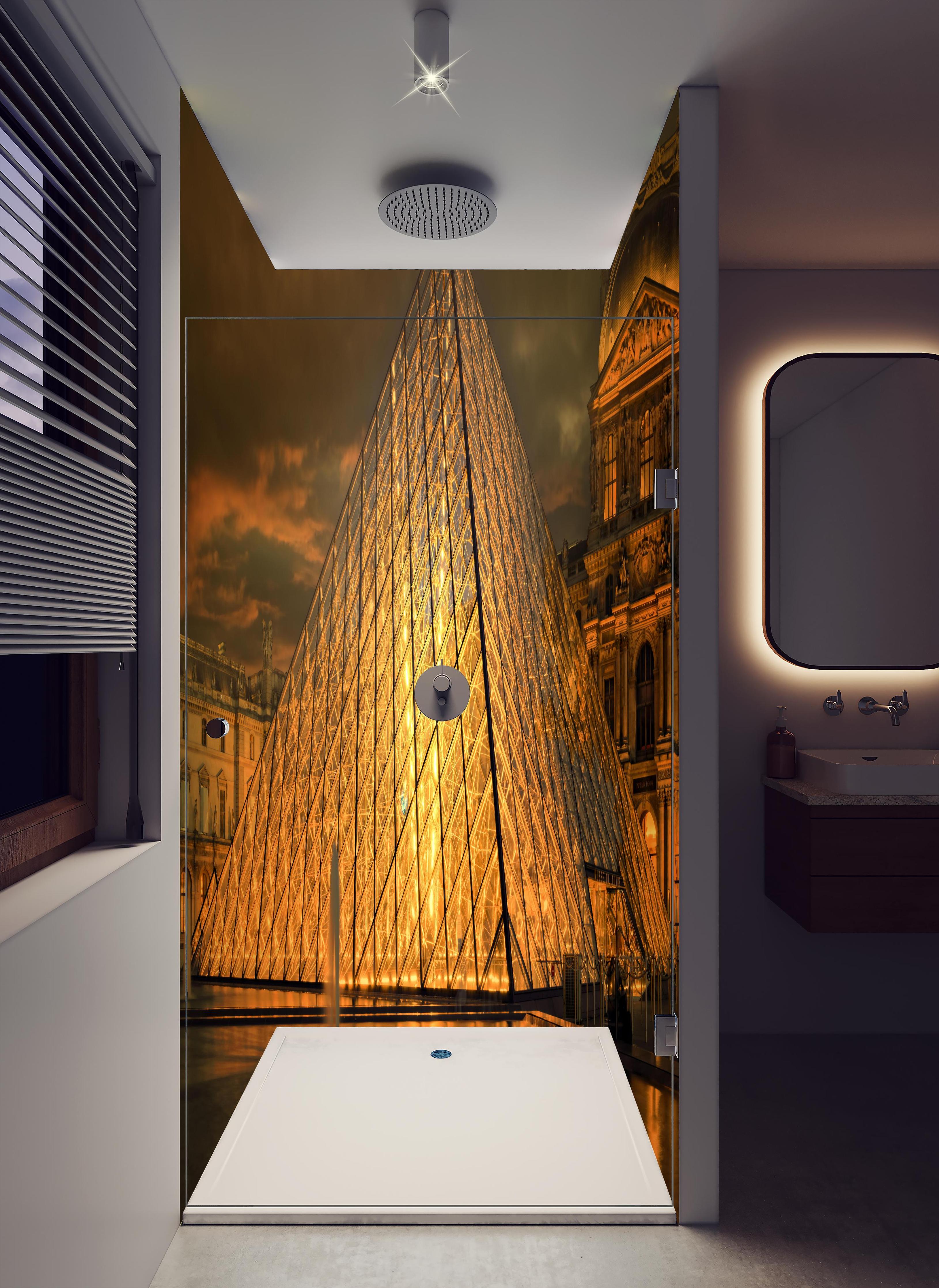 Duschrückwand - Paris Le Louvre in hellem Badezimmer mit Regenduschkopf - zweiteilige Eck-Duschrückwand
