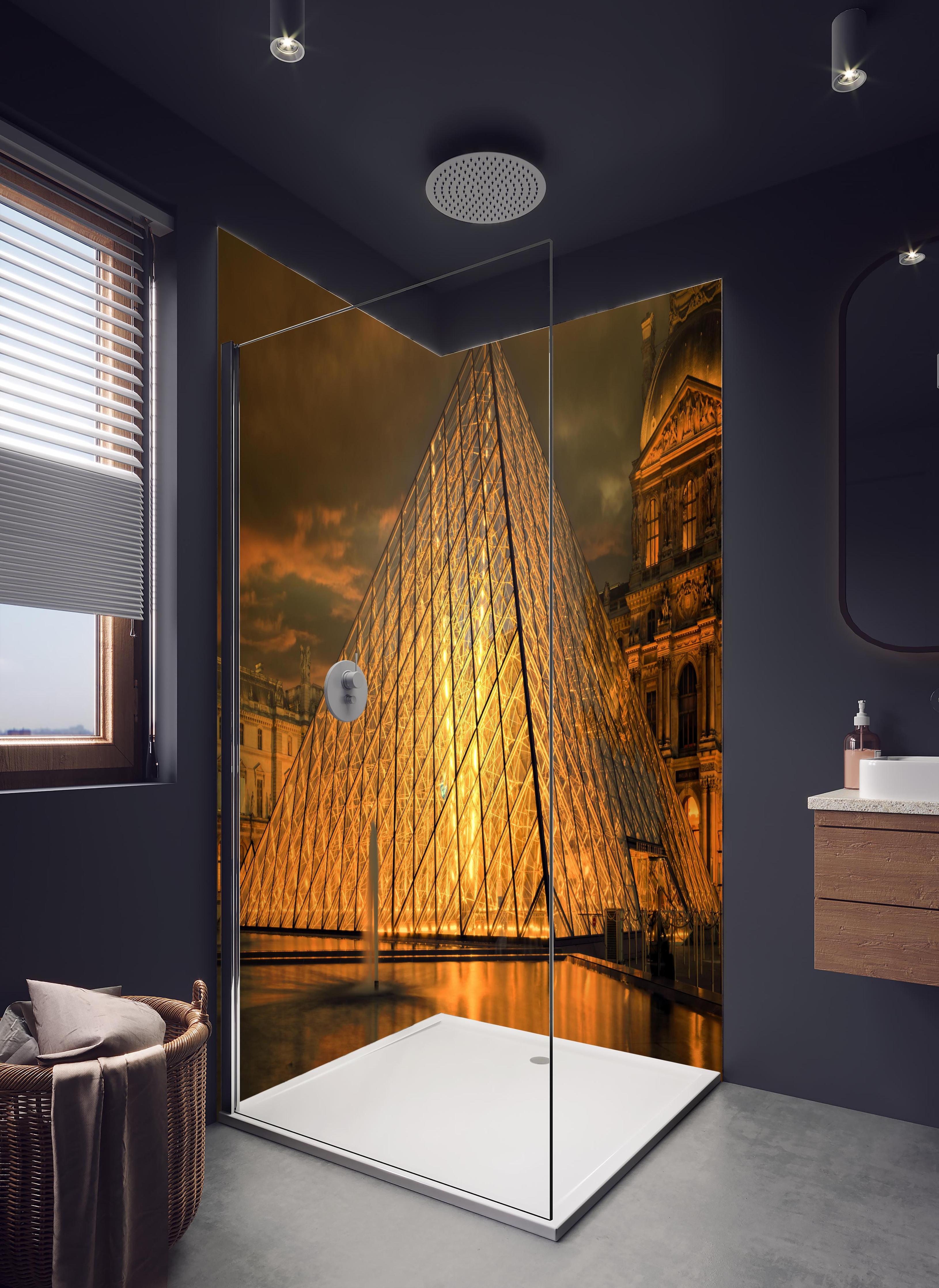 Duschrückwand - Paris Le Louvre in hellem Badezimmer mit Regenduschkopf - zweiteilige Eck-Duschrückwand