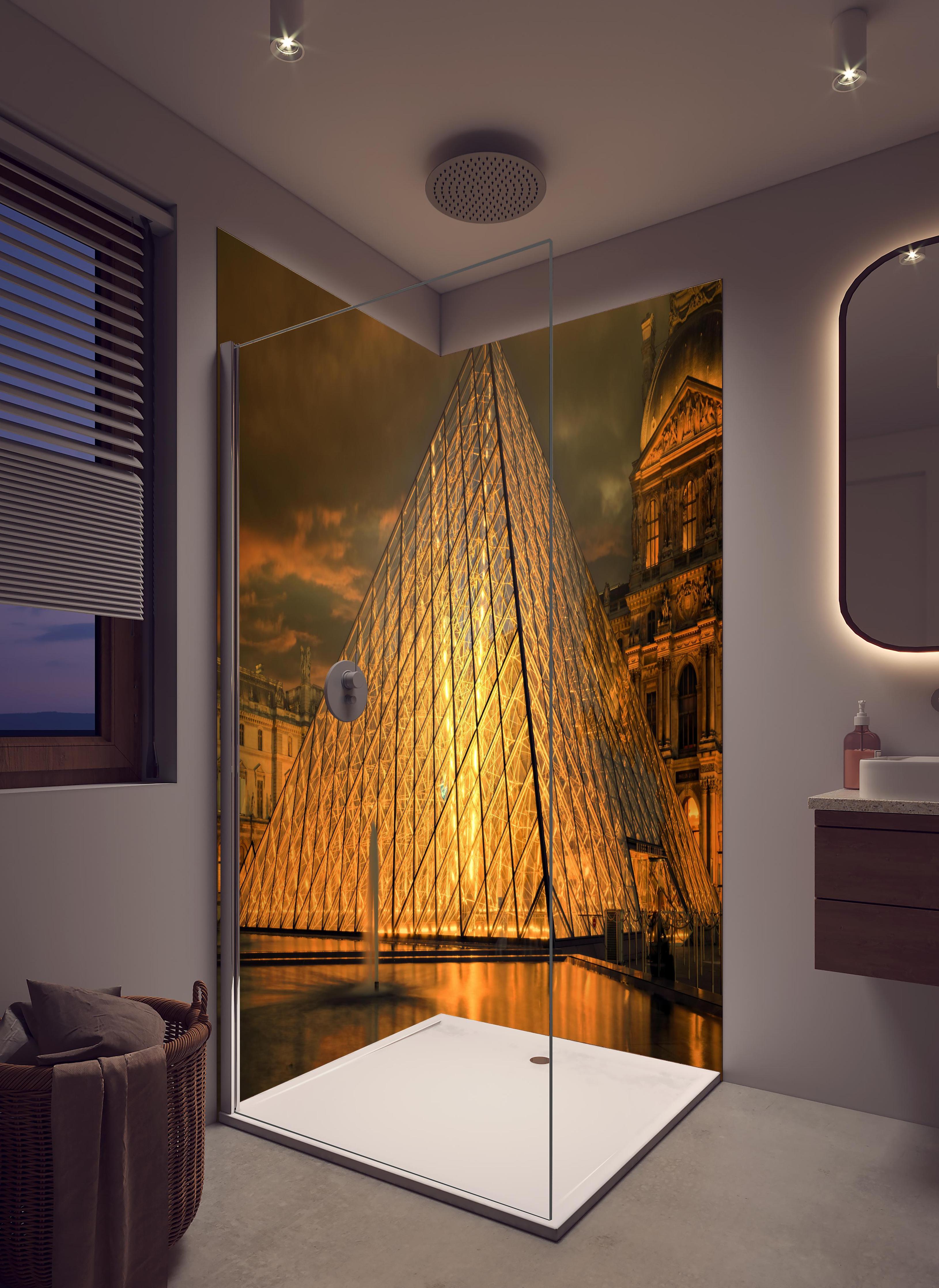 Duschrückwand - Paris Le Louvre in hellem Badezimmer mit Regenduschkopf - zweiteilige Eck-Duschrückwand