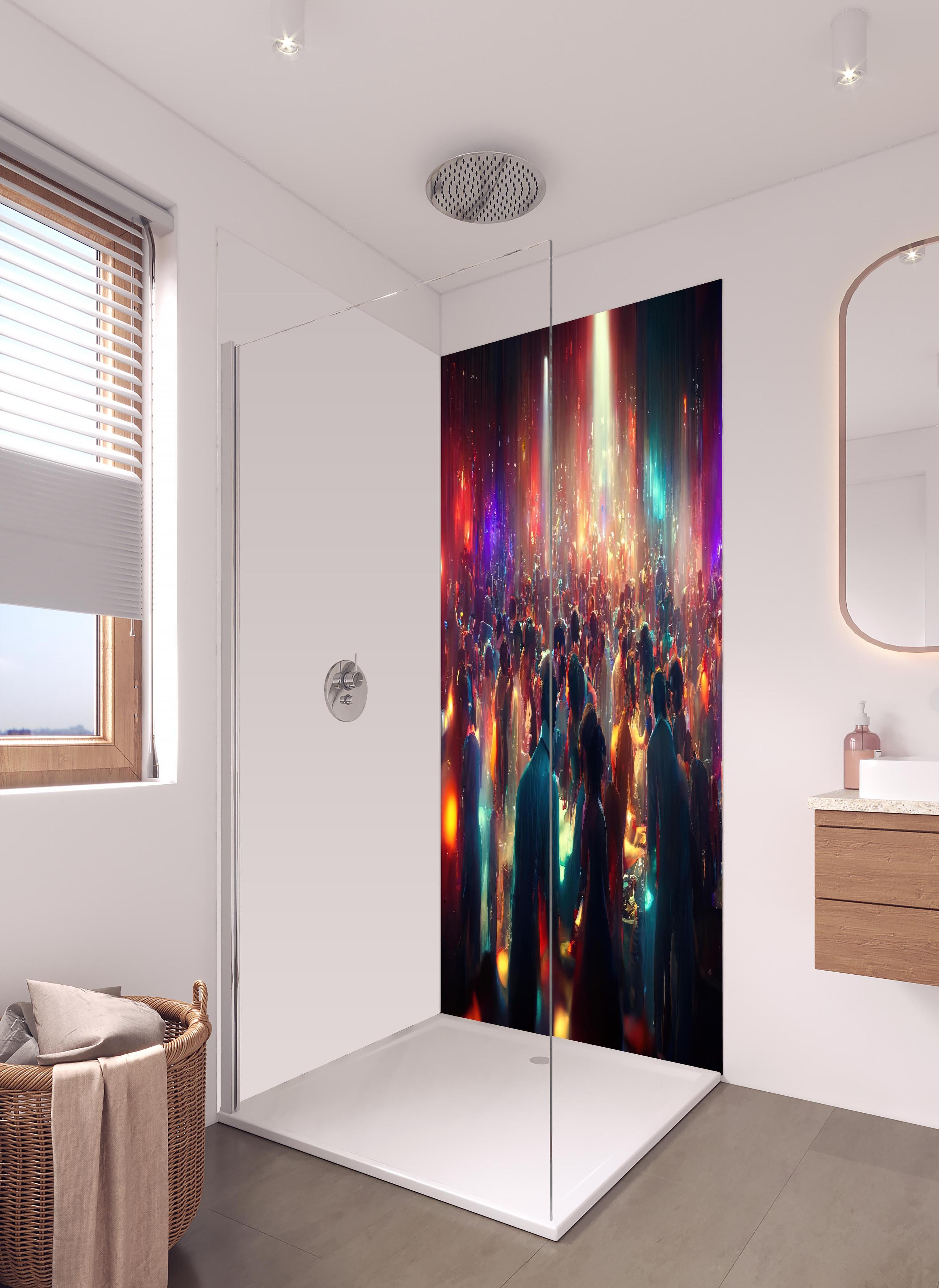 Duschrückwand - Party 3D-Illustration in hellem Badezimmer mit Regenduschkopf - zweiteilige Eck-Duschrückwand
