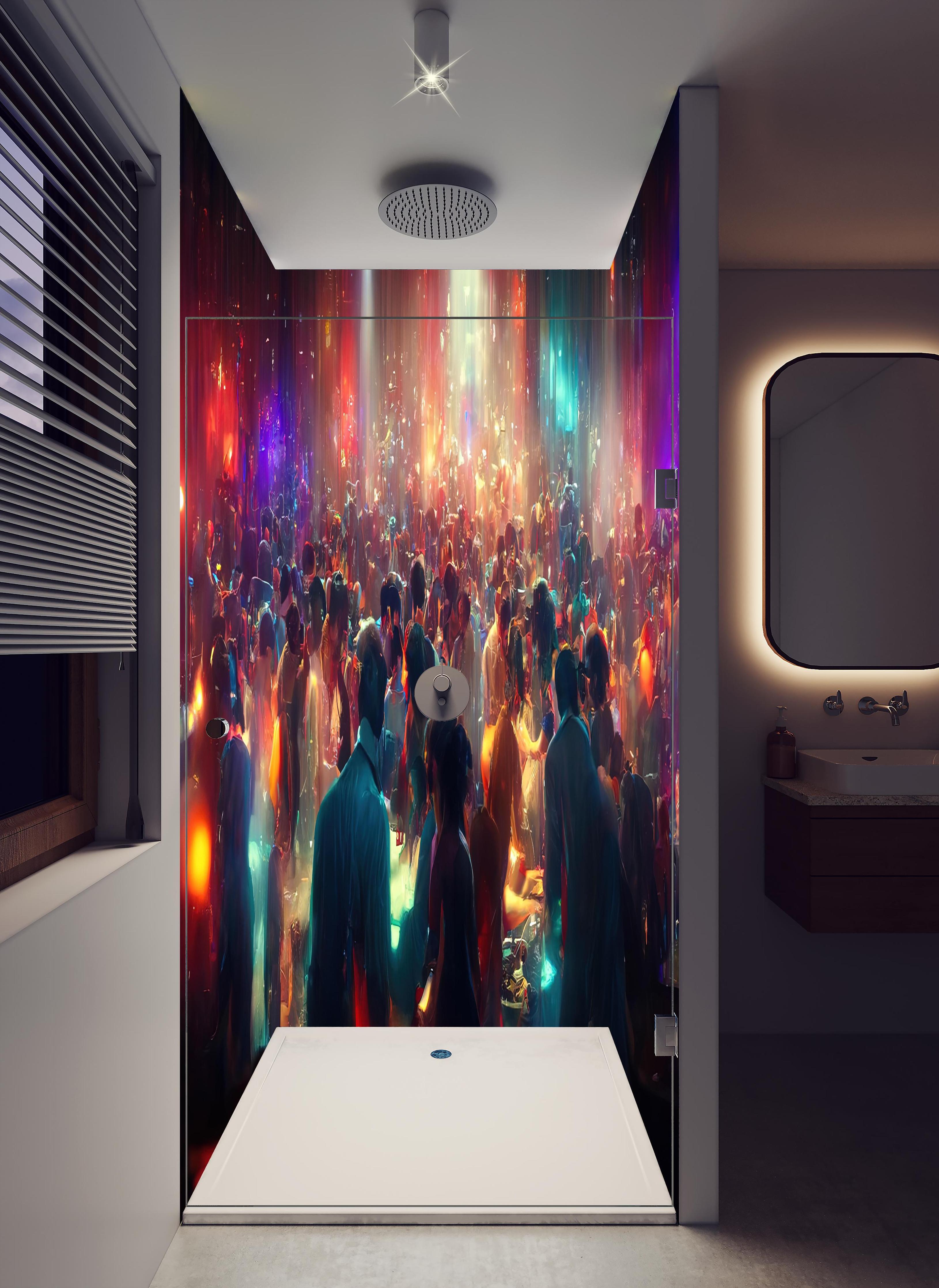 Duschrückwand - Party 3D-Illustration in hellem Badezimmer mit Regenduschkopf - zweiteilige Eck-Duschrückwand