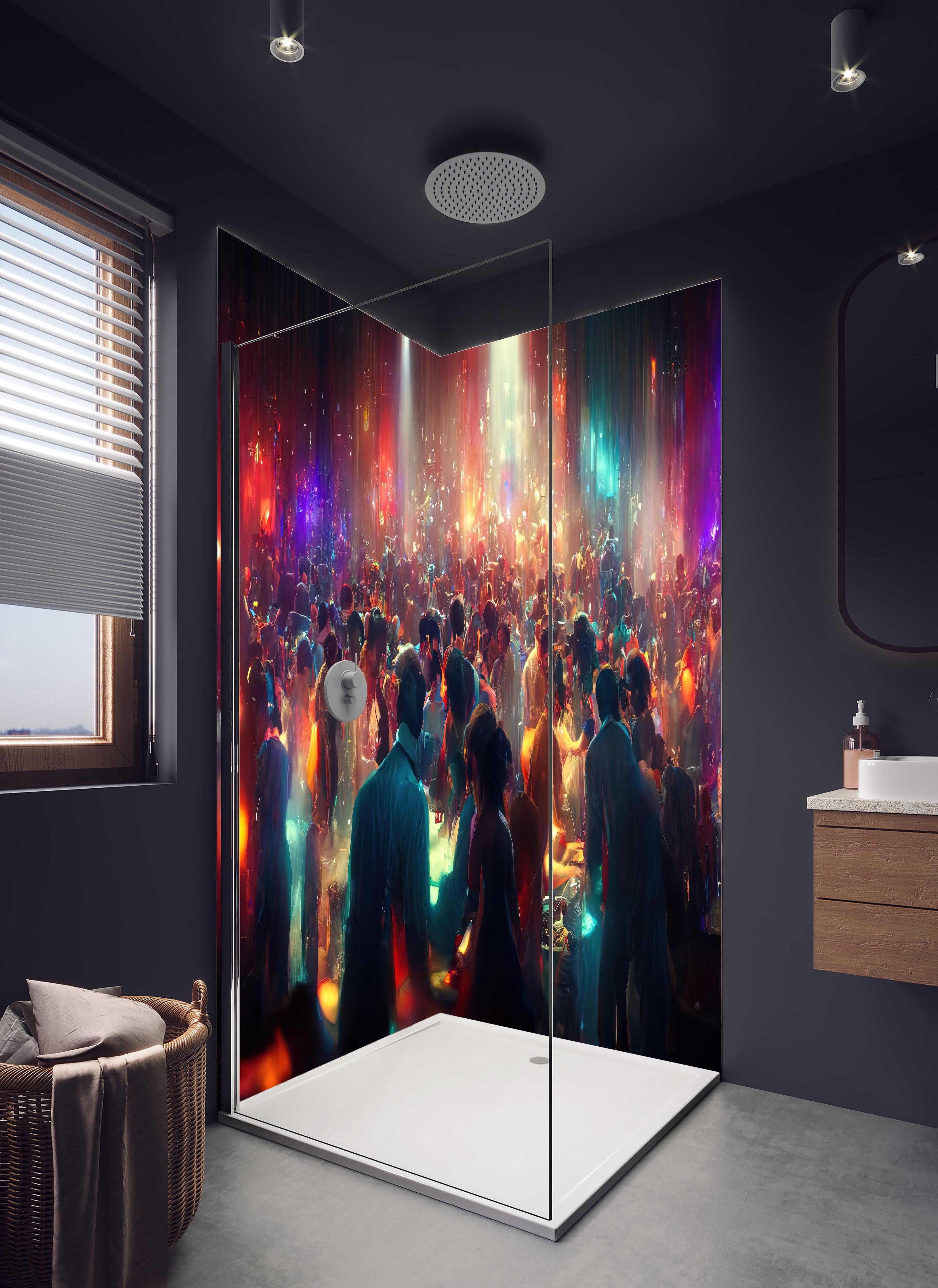 Duschrückwand - Party 3D-Illustration in hellem Badezimmer mit Regenduschkopf - zweiteilige Eck-Duschrückwand