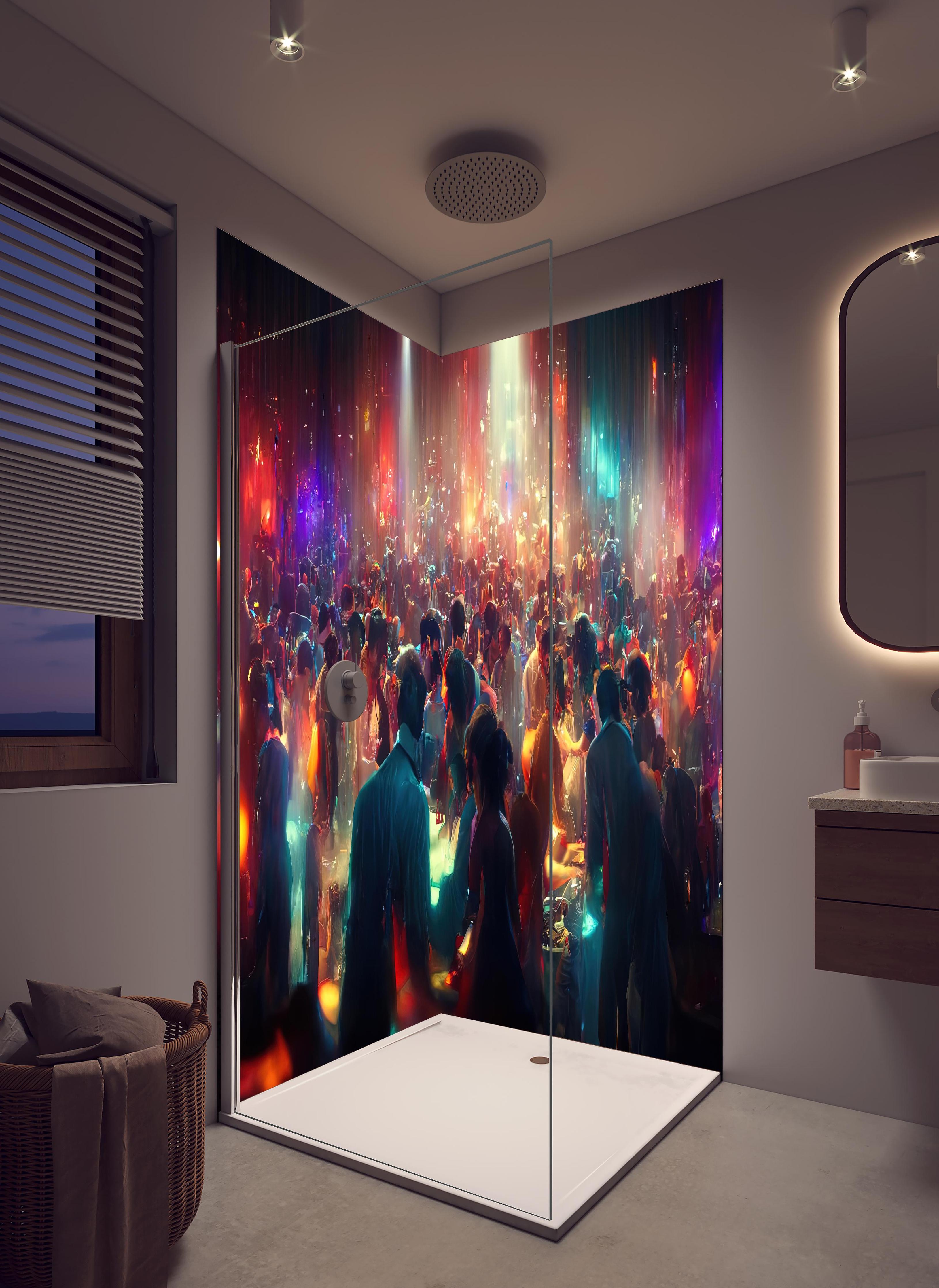 Duschrückwand - Party 3D-Illustration in hellem Badezimmer mit Regenduschkopf - zweiteilige Eck-Duschrückwand