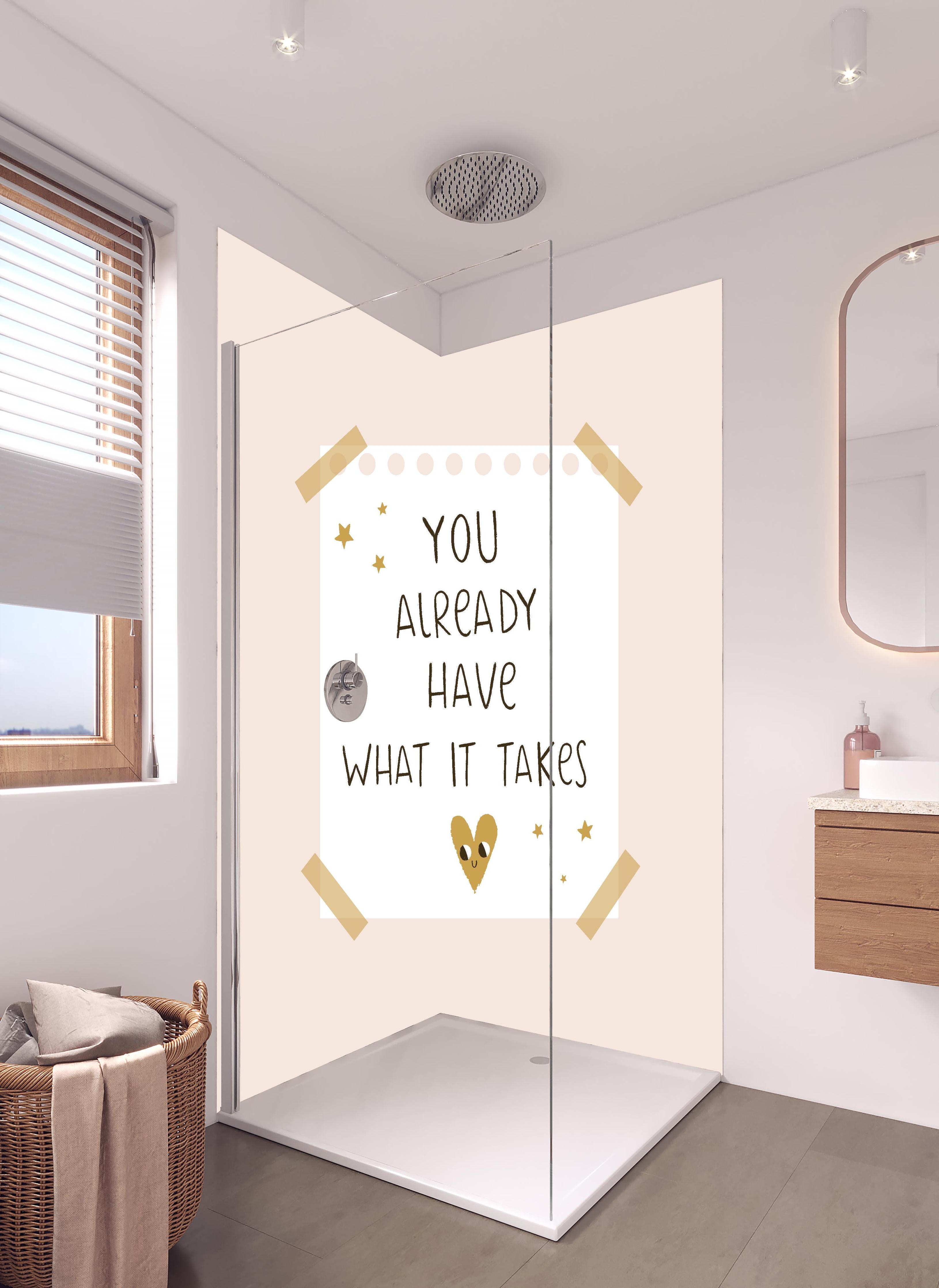 Duschrückwand - Pastell-Motivation mit Sternen und Herz in hellem Badezimmer mit Regenduschkopf - zweiteilige Eck-Duschrückwand