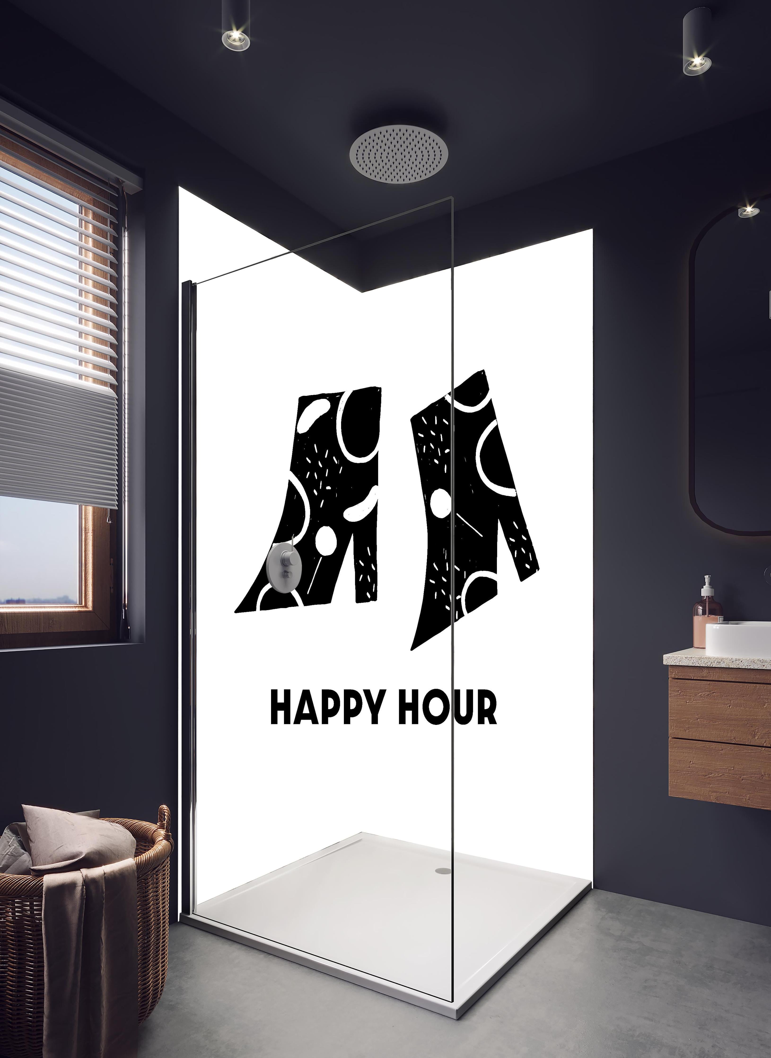 Duschrückwand - Pastell-Picknick-Zeichnung auf Weiß in hellem Badezimmer mit Regenduschkopf - zweiteilige Eck-Duschrückwand