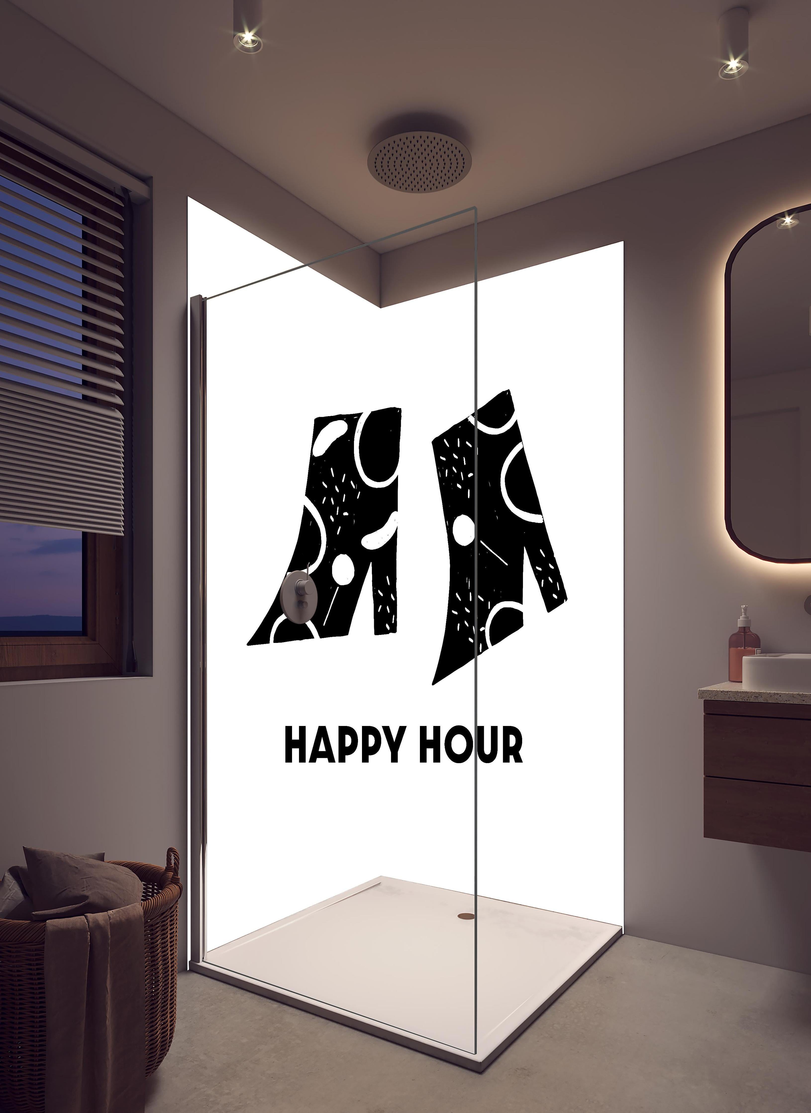 Duschrückwand - Pastell-Picknick-Zeichnung auf Weiß in hellem Badezimmer mit Regenduschkopf - zweiteilige Eck-Duschrückwand