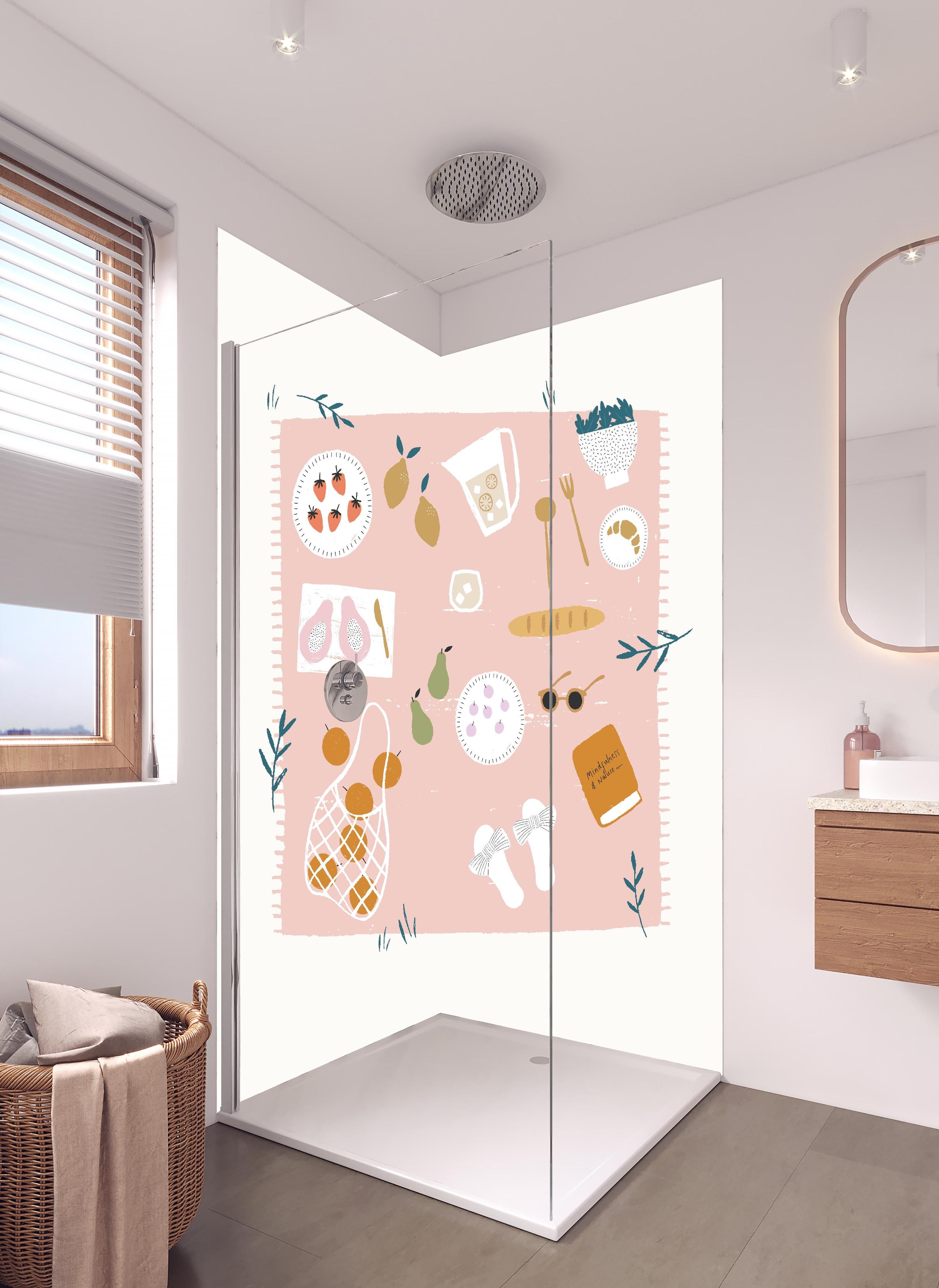 Duschrückwand - Pastell-Picknick-Zeichnung auf Weiß in hellem Badezimmer mit Regenduschkopf - zweiteilige Eck-Duschrückwand