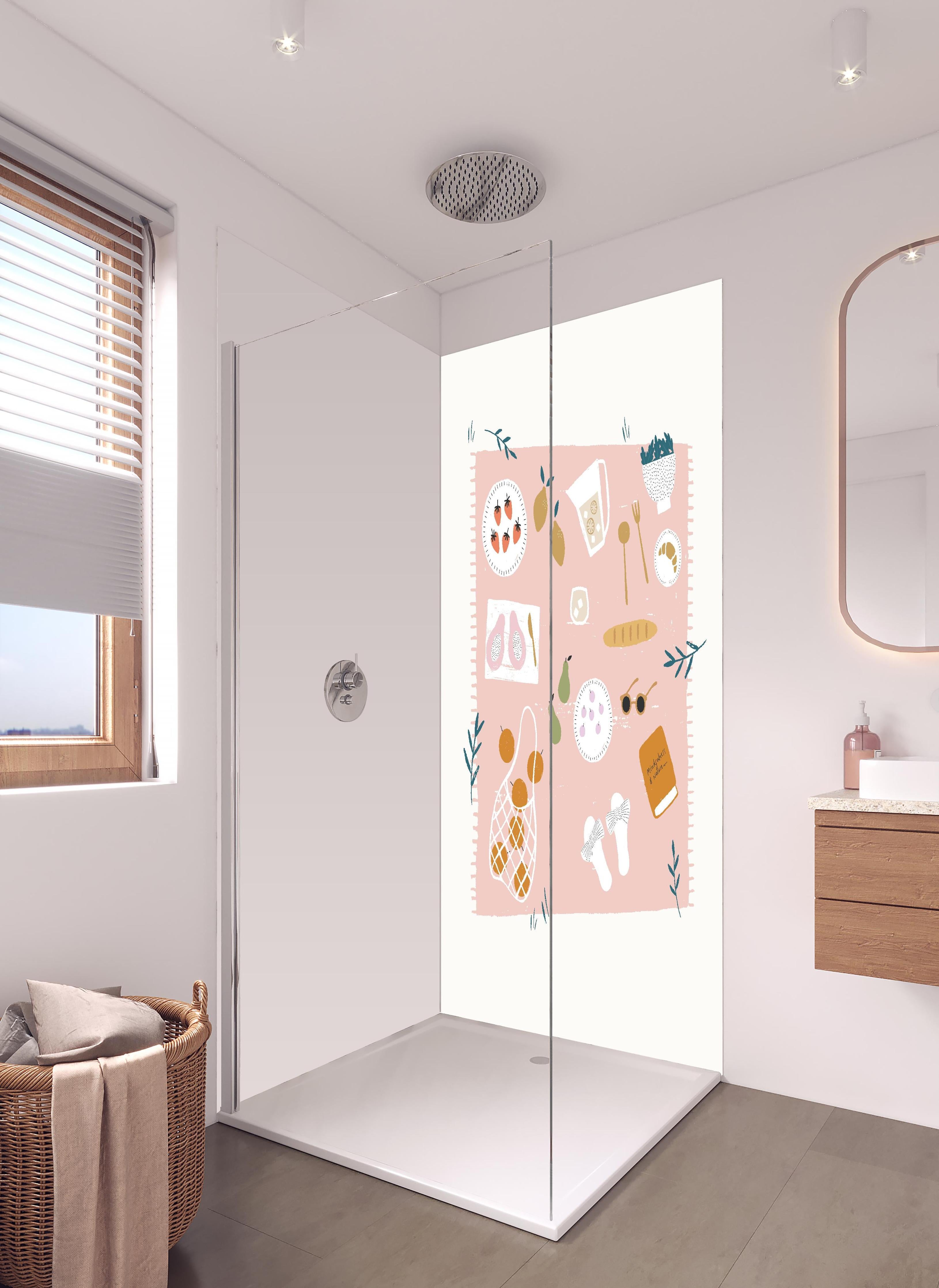 Duschrückwand - Pastell-Picknick-Zeichnung auf Weiß in hellem Badezimmer mit Regenduschkopf - zweiteilige Eck-Duschrückwand