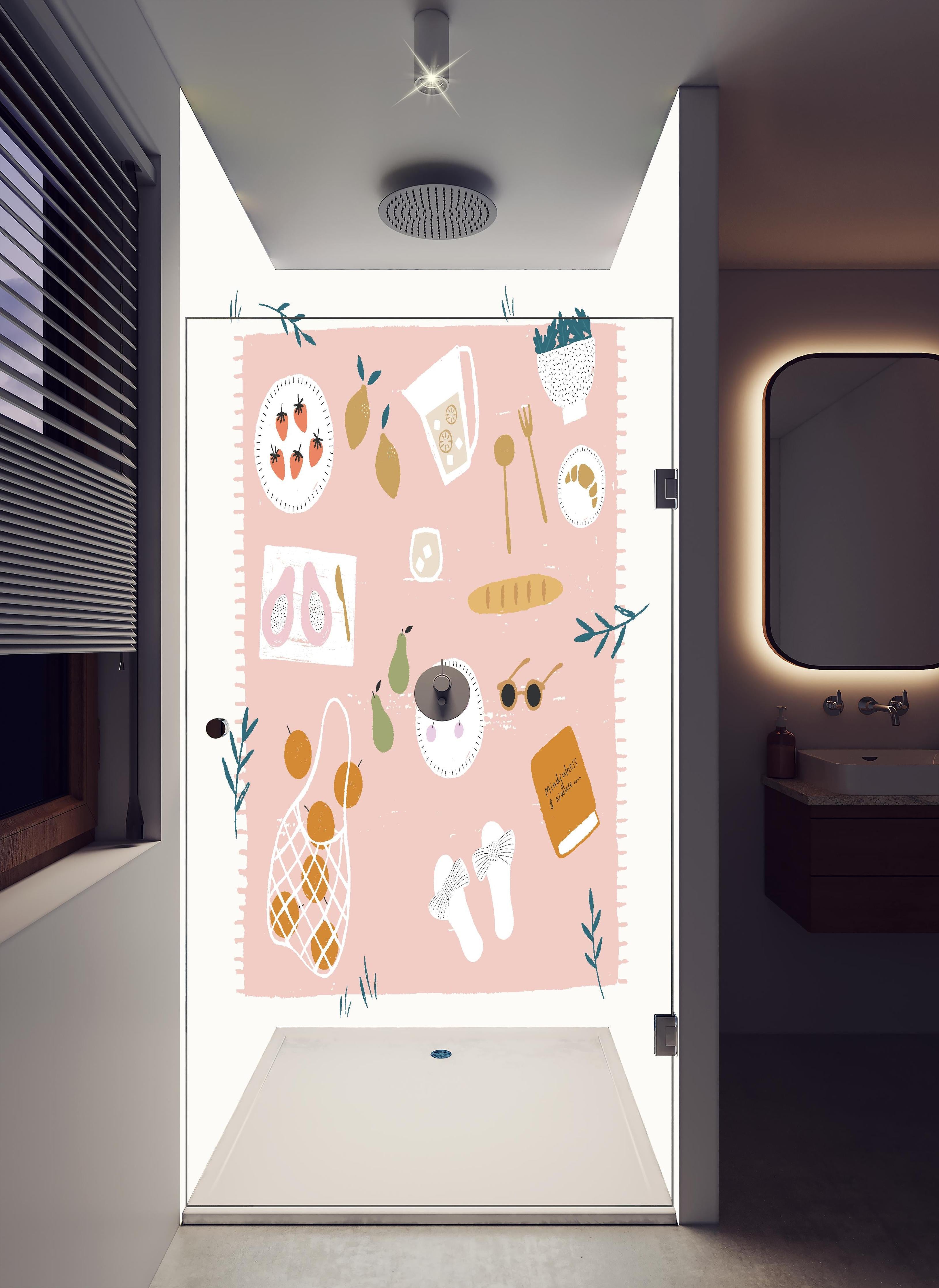 Duschrückwand - Pastell-Picknick-Zeichnung auf Weiß in hellem Badezimmer mit Regenduschkopf - zweiteilige Eck-Duschrückwand