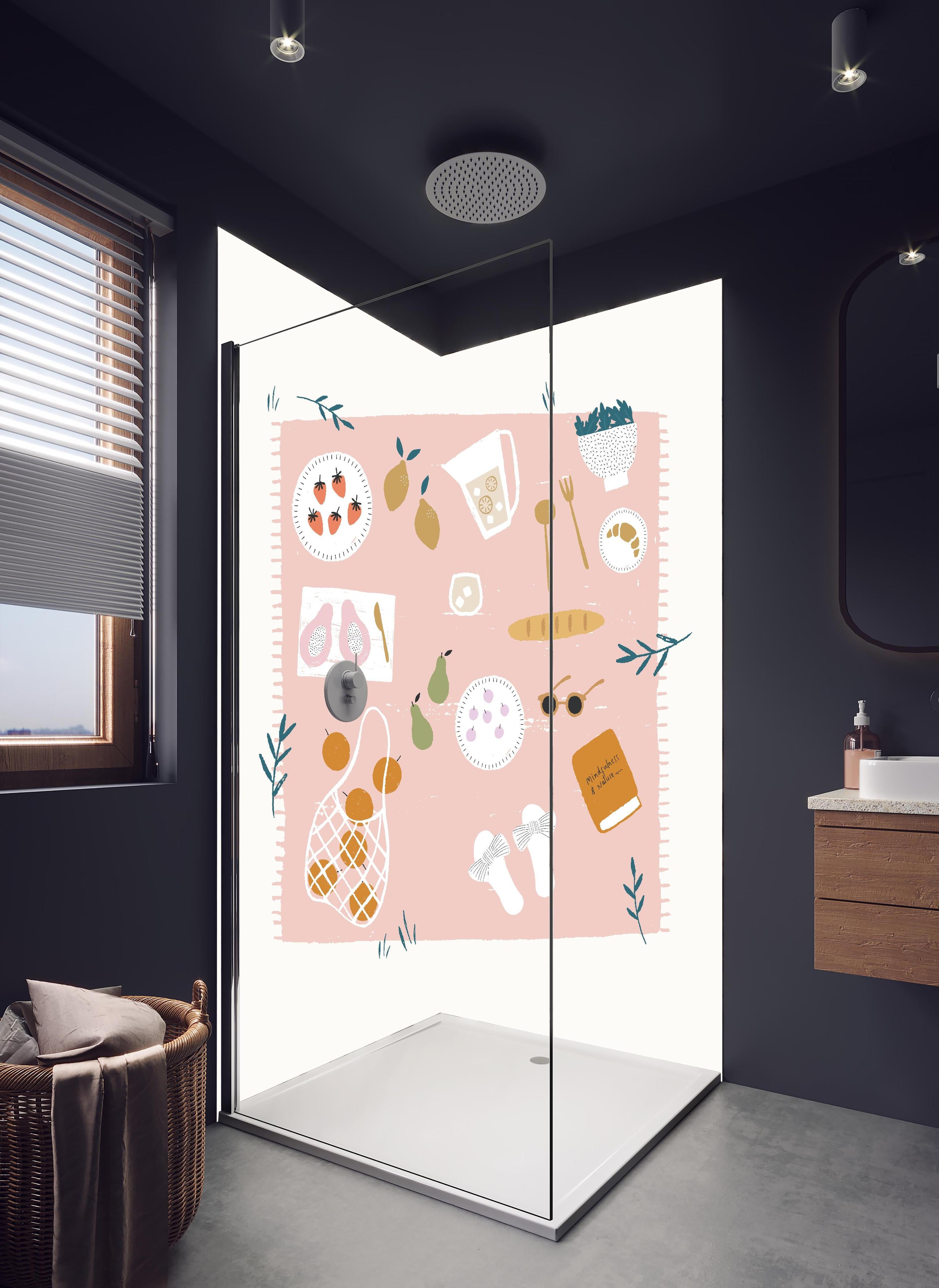 Duschrückwand - Pastell-Picknick-Zeichnung auf Weiß in hellem Badezimmer mit Regenduschkopf - zweiteilige Eck-Duschrückwand