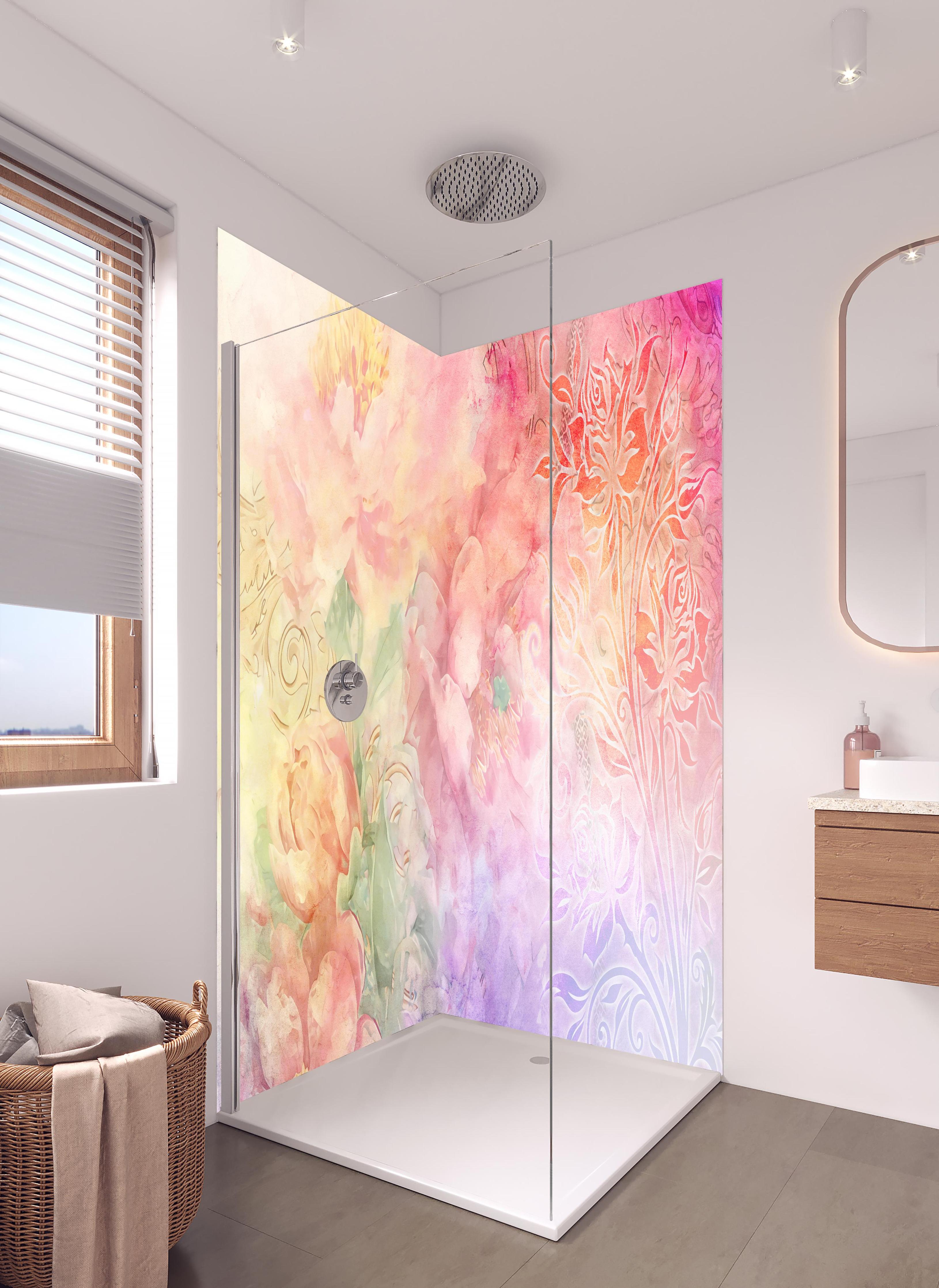 Duschrückwand - Pastellfarbene Blumenkunst Aquarell-Design in hellem Badezimmer mit Regenduschkopf - zweiteilige Eck-Duschrückwand
