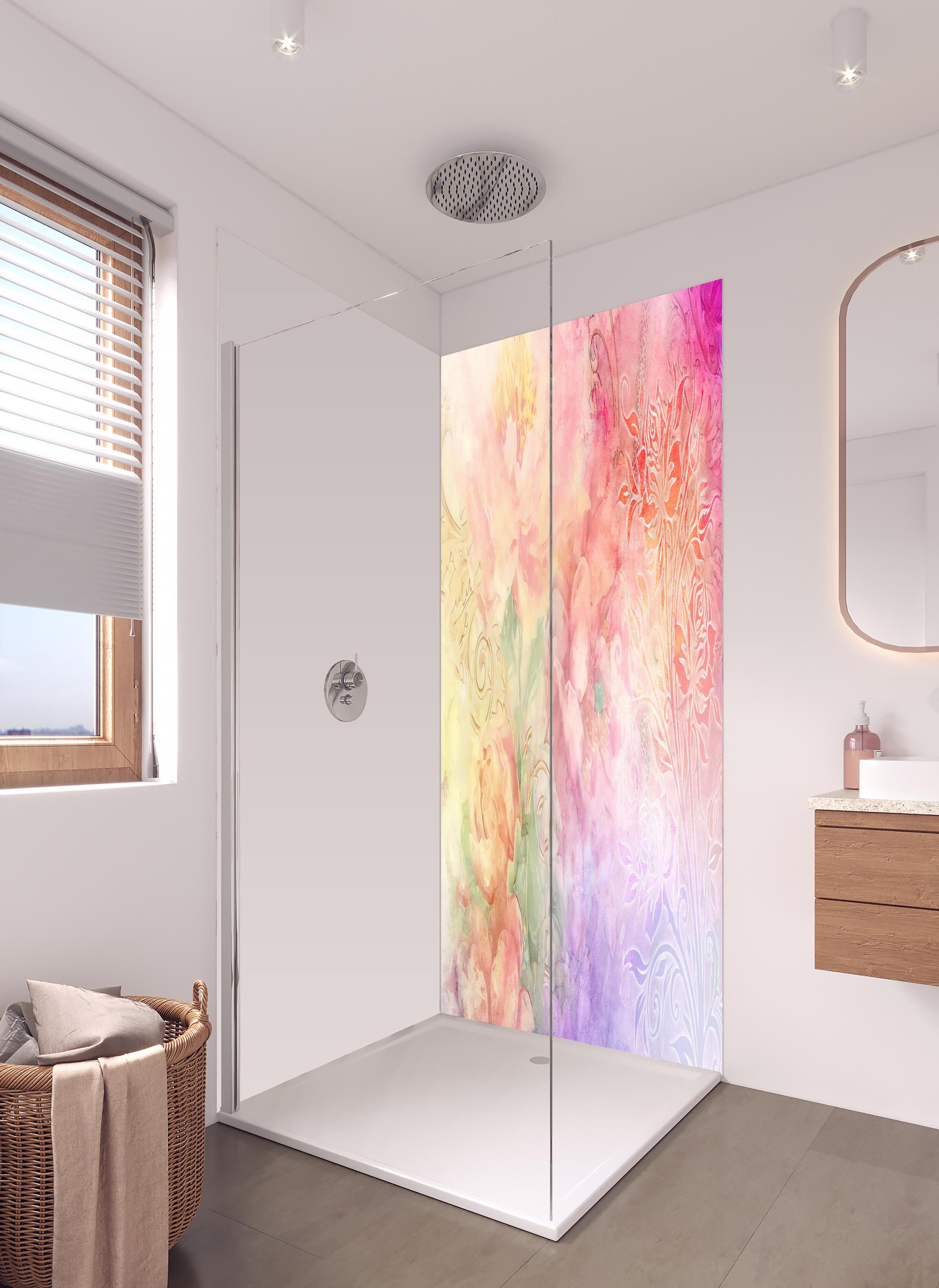 Duschrückwand - Pastellfarbene Blumenkunst Aquarell-Design in hellem Badezimmer mit Regenduschkopf - zweiteilige Eck-Duschrückwand