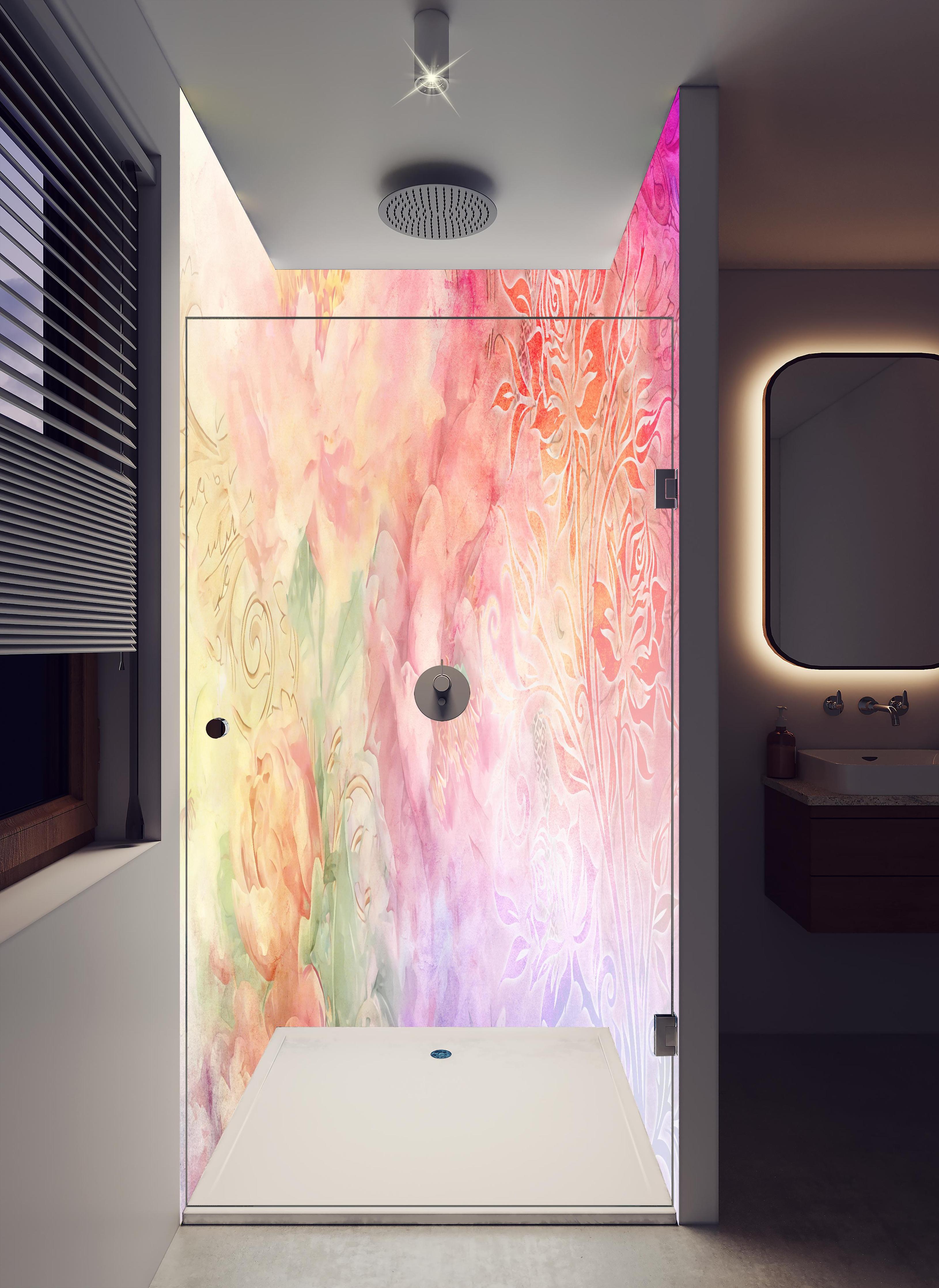 Duschrückwand - Pastellfarbene Blumenkunst Aquarell-Design in hellem Badezimmer mit Regenduschkopf - zweiteilige Eck-Duschrückwand