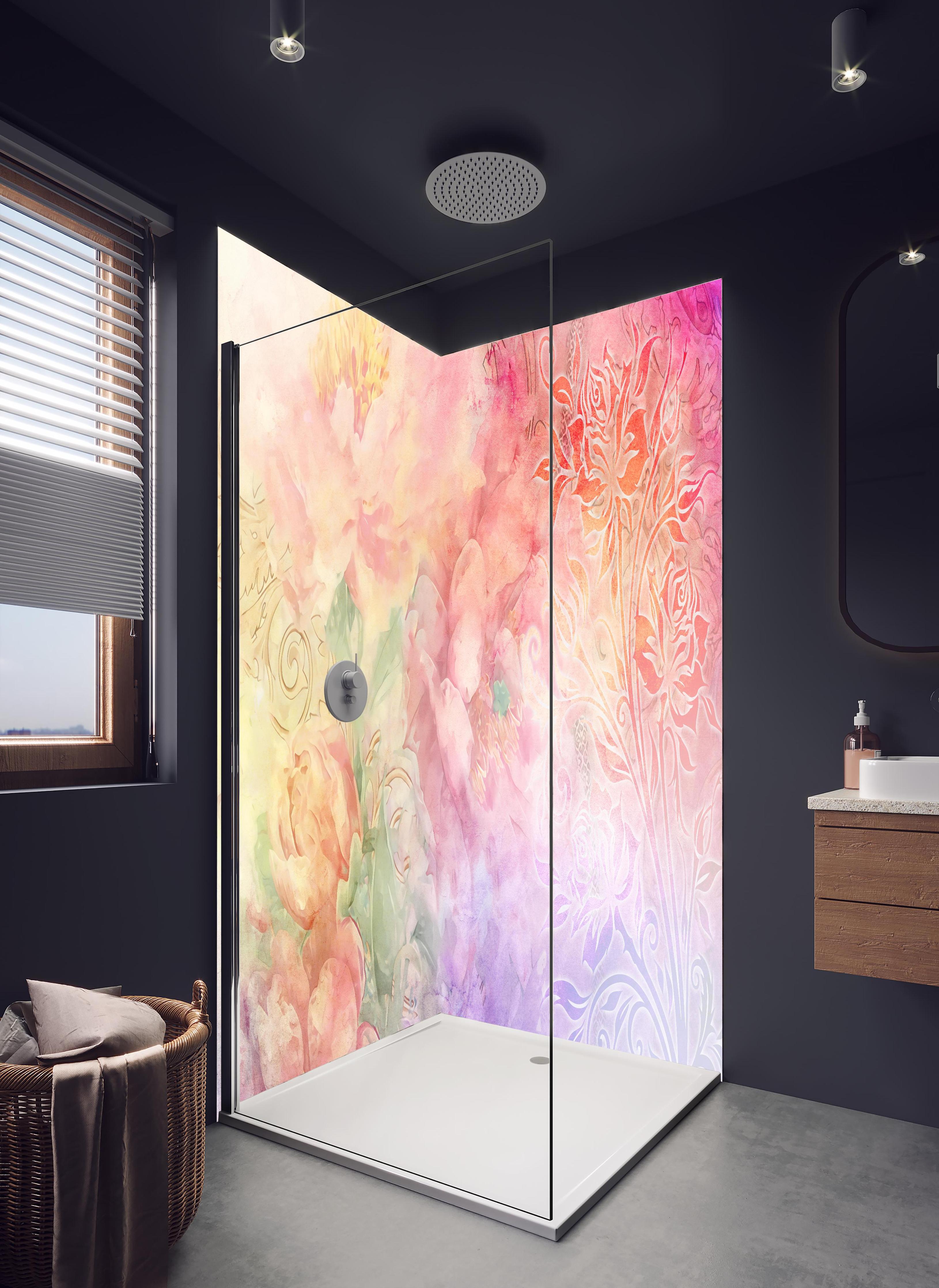 Duschrückwand - Pastellfarbene Blumenkunst Aquarell-Design in hellem Badezimmer mit Regenduschkopf - zweiteilige Eck-Duschrückwand