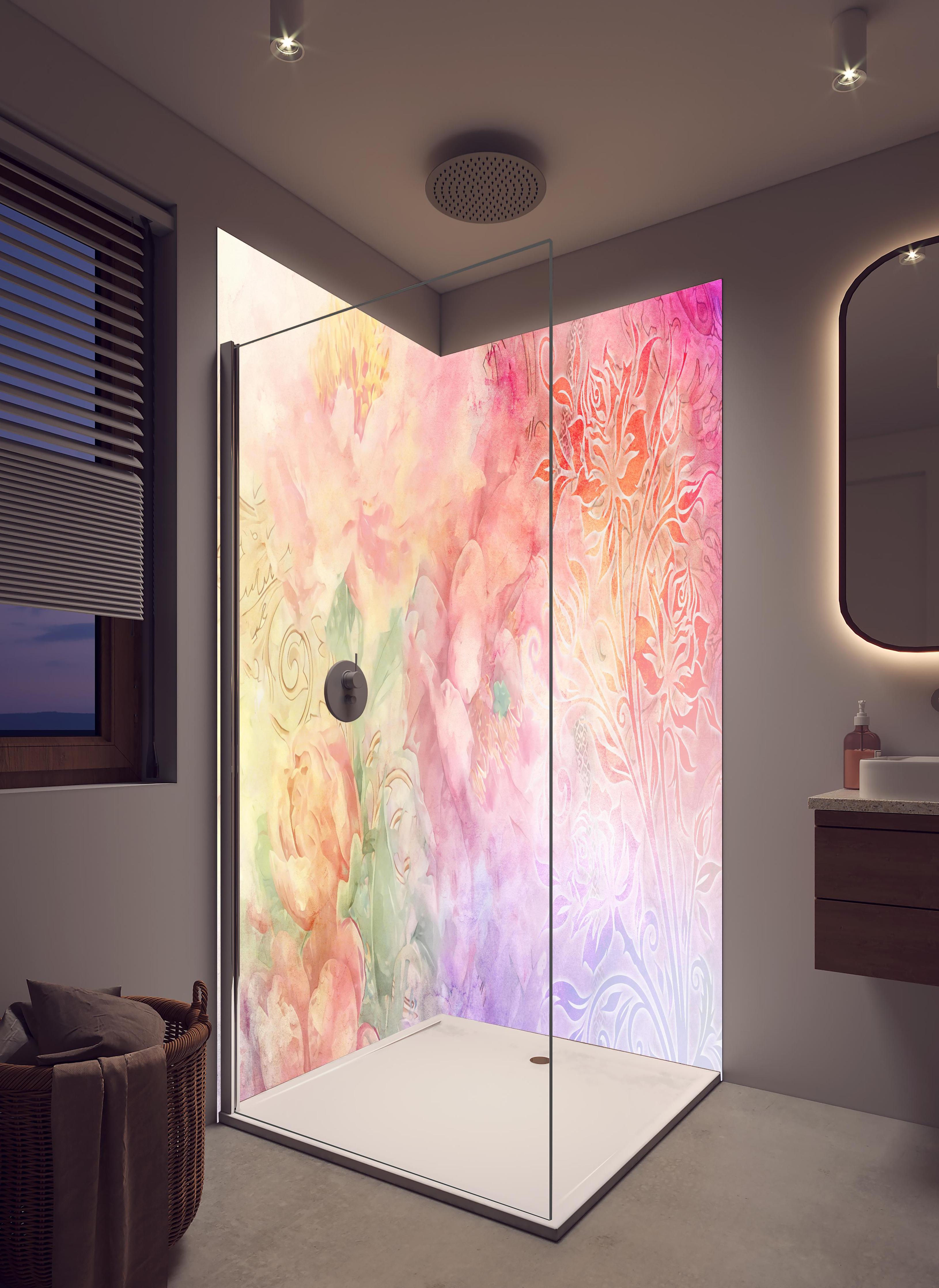 Duschrückwand - Pastellfarbene Blumenkunst Aquarell-Design in hellem Badezimmer mit Regenduschkopf - zweiteilige Eck-Duschrückwand