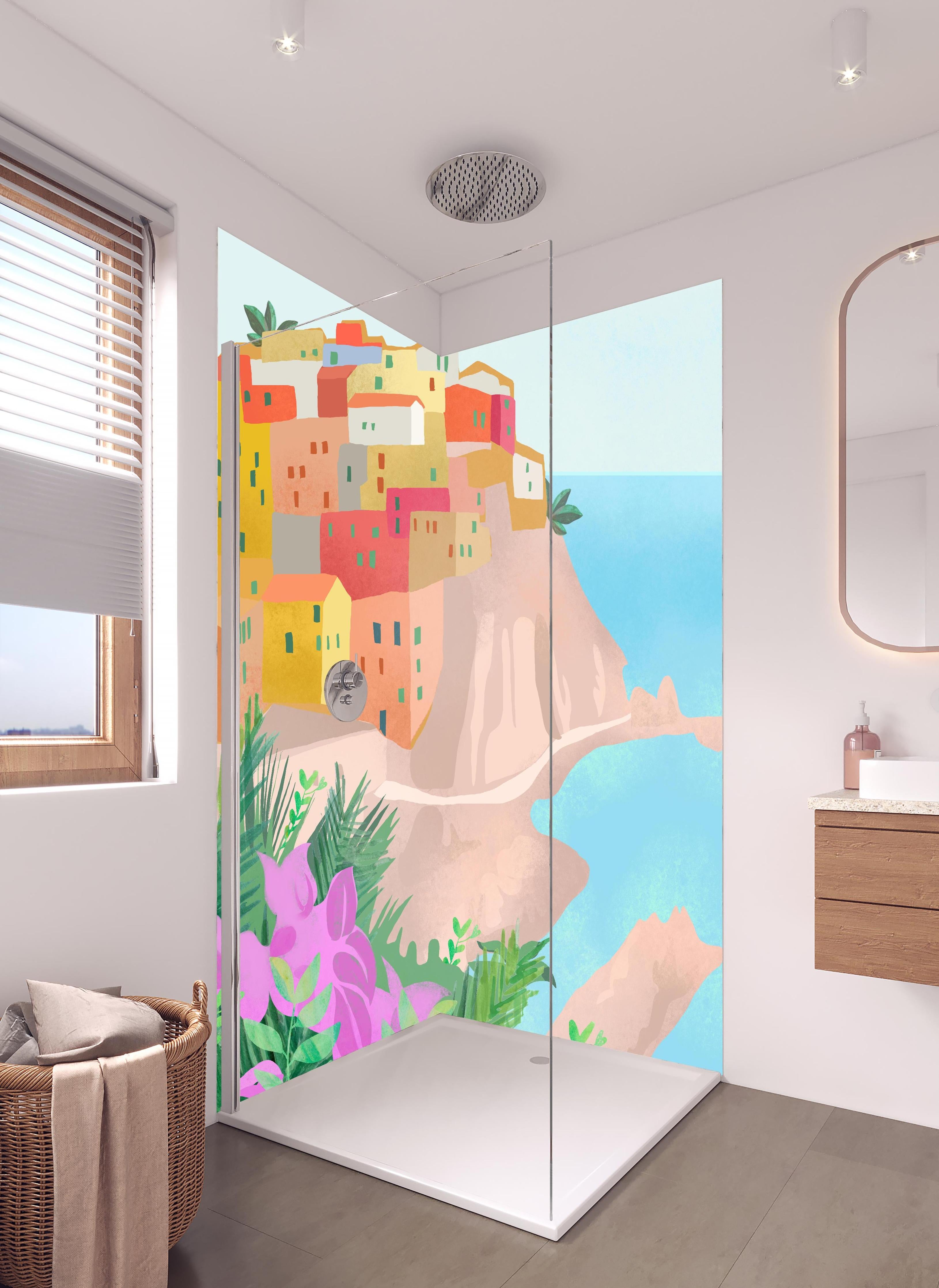 Duschrückwand - Pastellfarbene Cinque Terre Dorfansicht in hellem Badezimmer mit Regenduschkopf - zweiteilige Eck-Duschrückwand