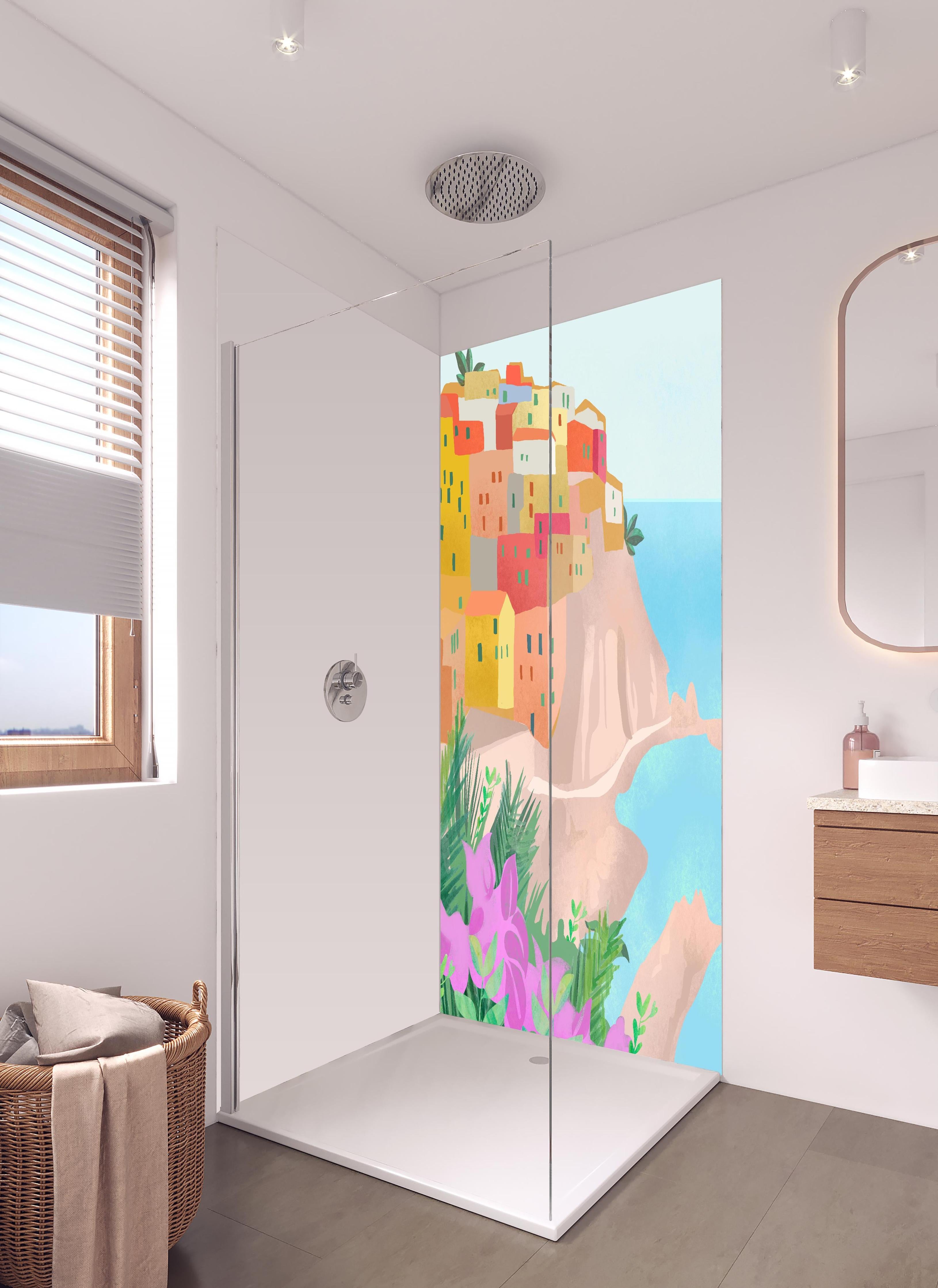 Duschrückwand - Pastellfarbene Cinque Terre Dorfansicht in hellem Badezimmer mit Regenduschkopf - zweiteilige Eck-Duschrückwand