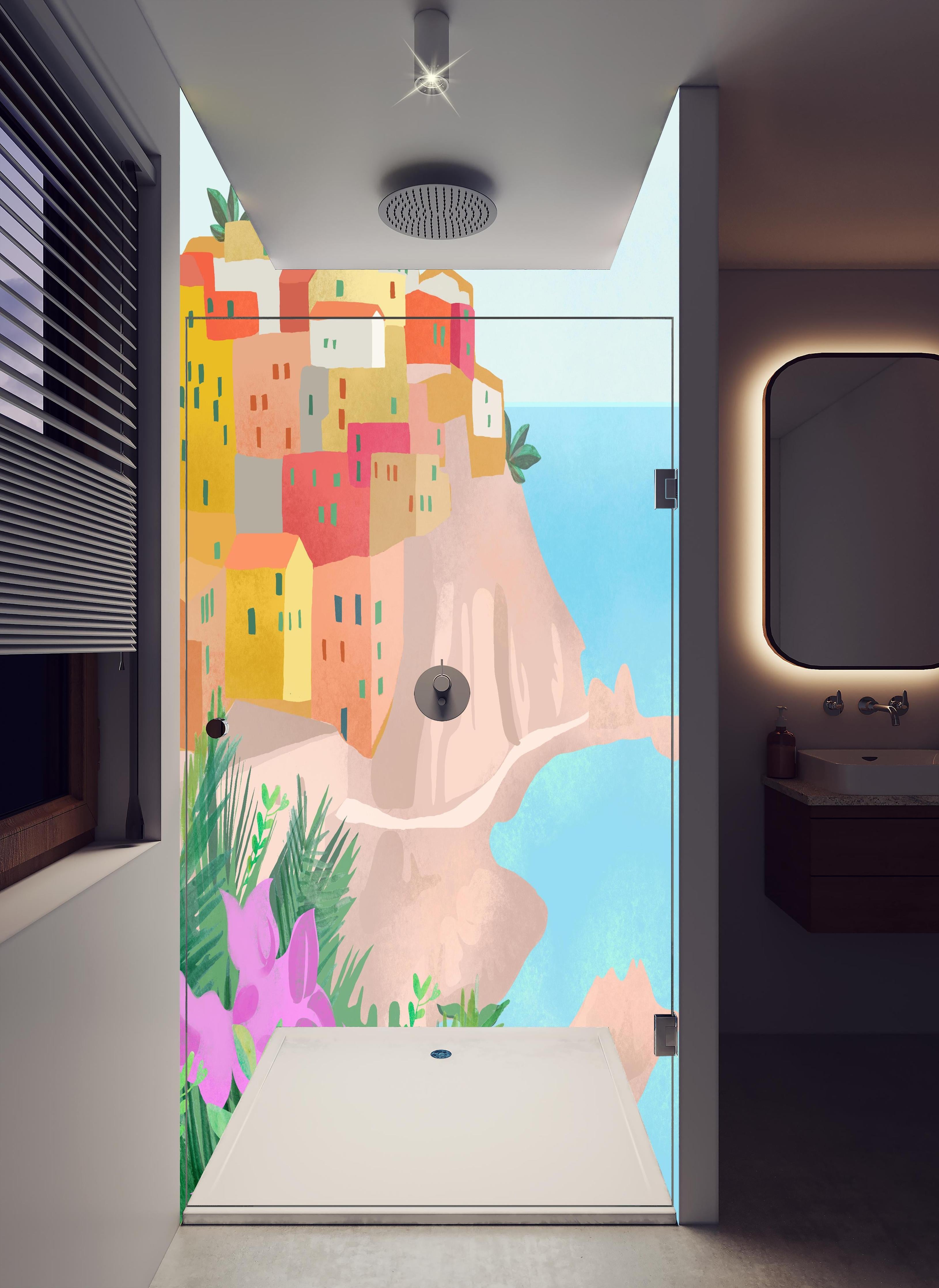 Duschrückwand - Pastellfarbene Cinque Terre Dorfansicht in hellem Badezimmer mit Regenduschkopf - zweiteilige Eck-Duschrückwand