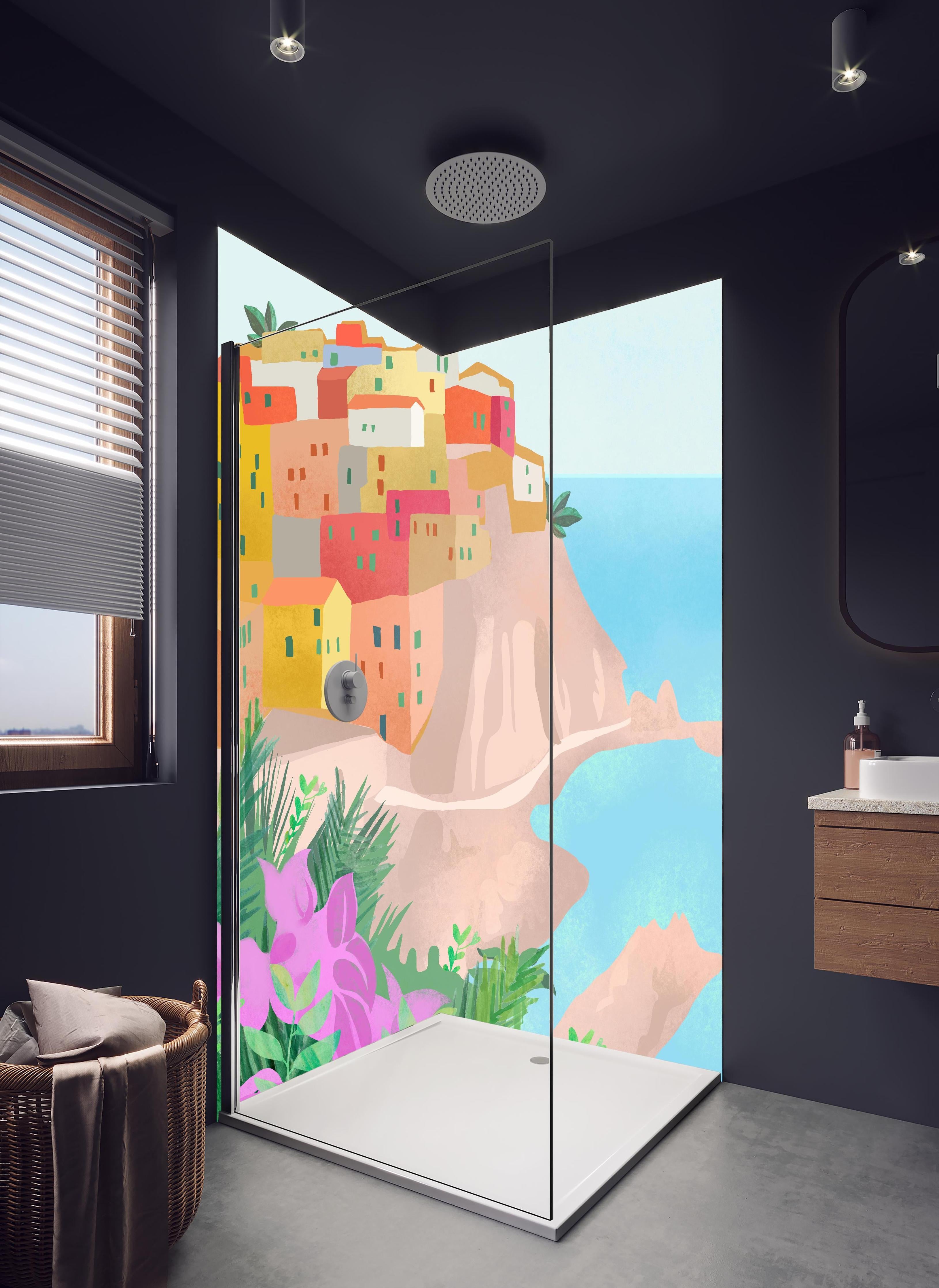 Duschrückwand - Pastellfarbene Cinque Terre Dorfansicht in hellem Badezimmer mit Regenduschkopf - zweiteilige Eck-Duschrückwand