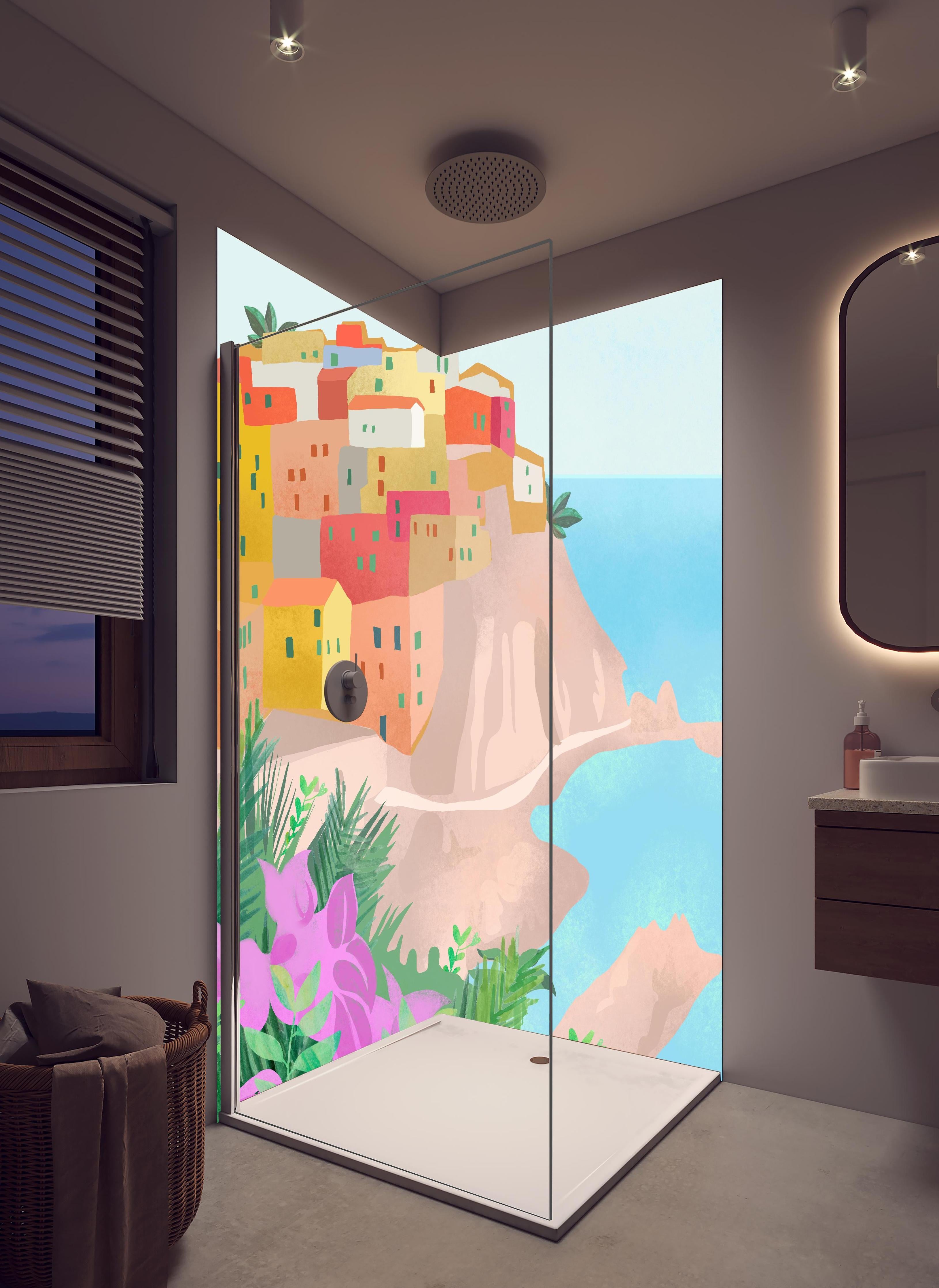 Duschrückwand - Pastellfarbene Cinque Terre Dorfansicht in hellem Badezimmer mit Regenduschkopf - zweiteilige Eck-Duschrückwand