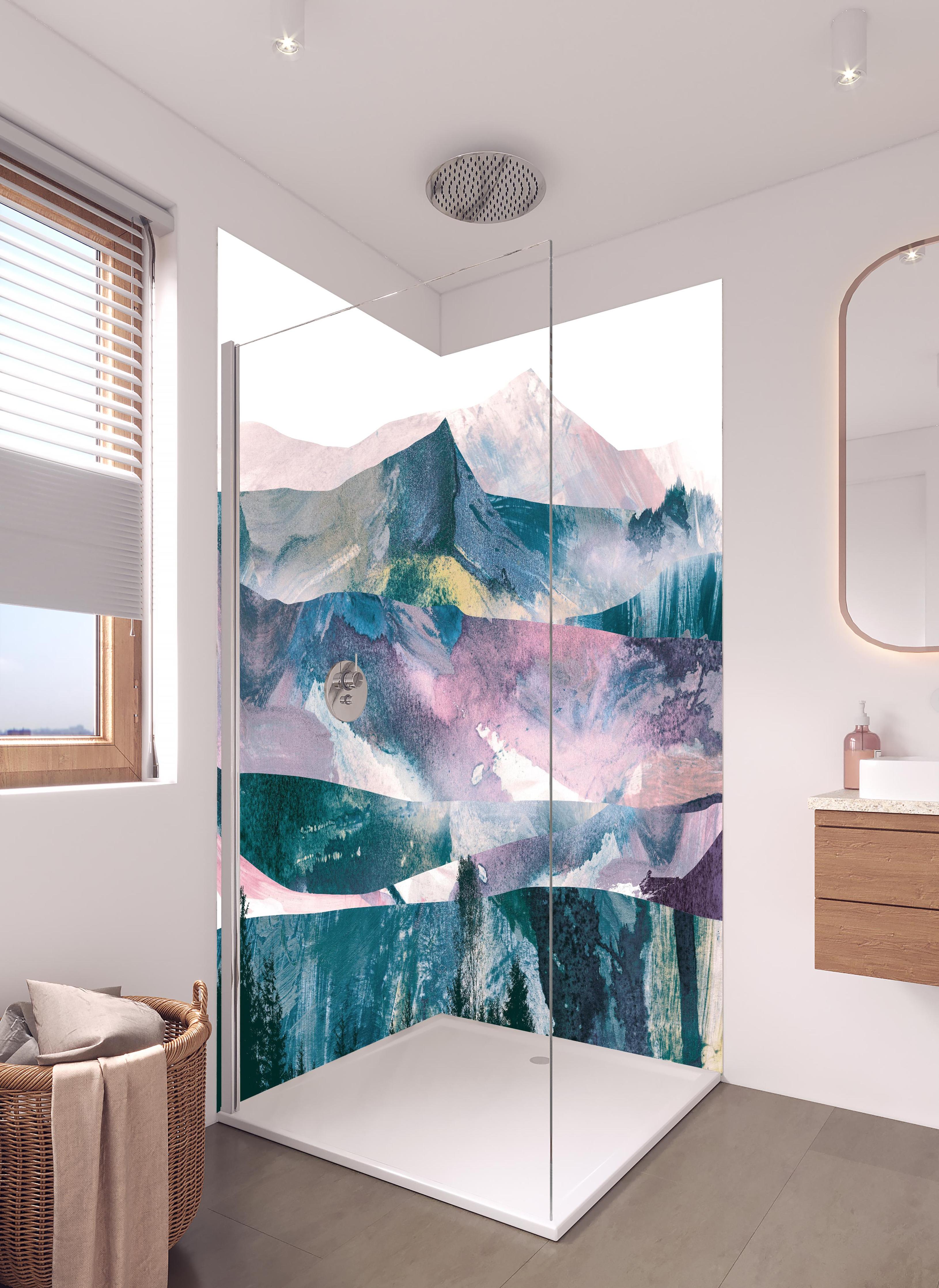 Duschrückwand - Pastellfarbene abstrakte Berg- und Waldszene in hellem Badezimmer mit Regenduschkopf - zweiteilige Eck-Duschrückwand