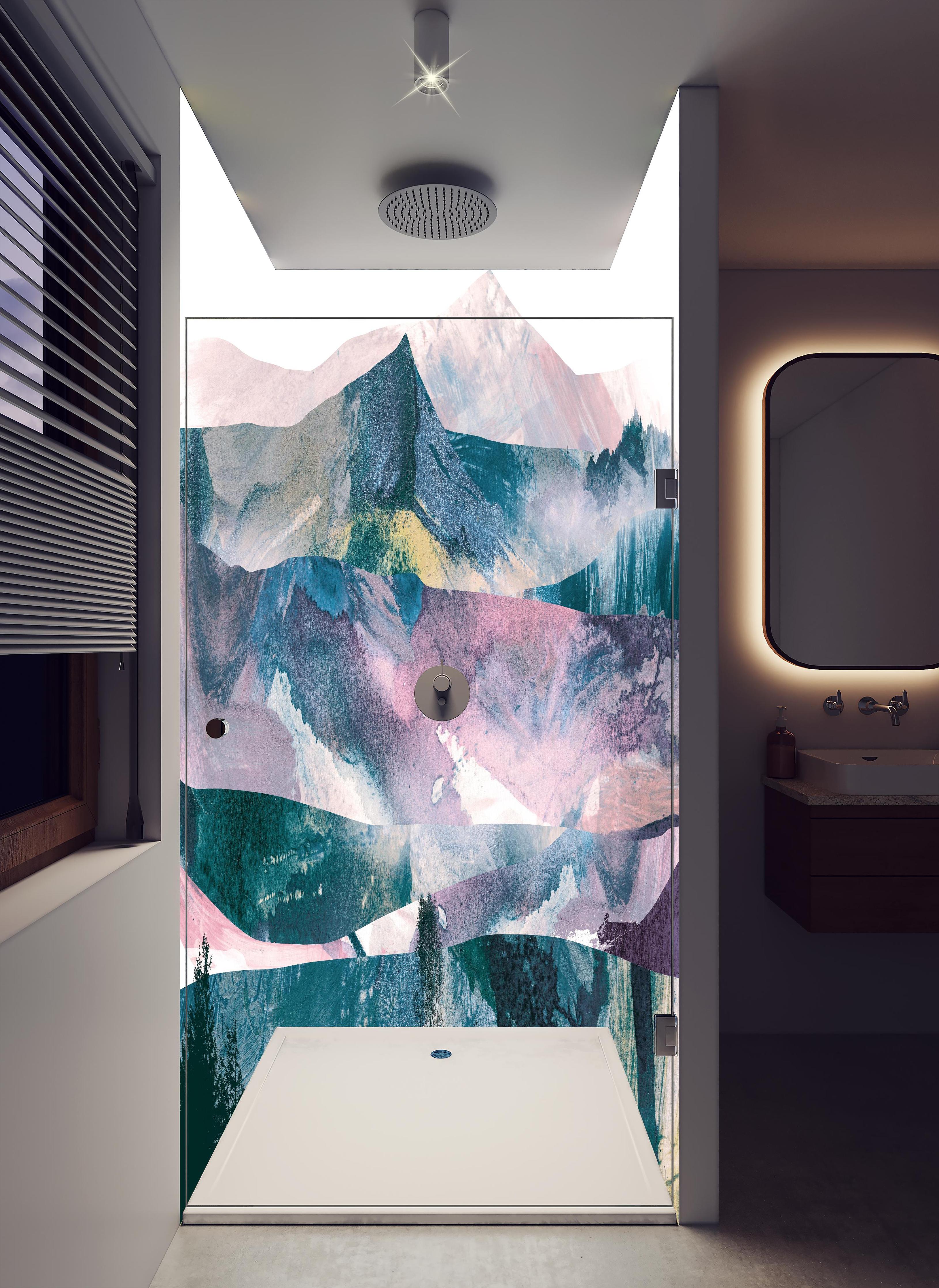Duschrückwand - Pastellfarbene abstrakte Berg- und Waldszene in hellem Badezimmer mit Regenduschkopf - zweiteilige Eck-Duschrückwand