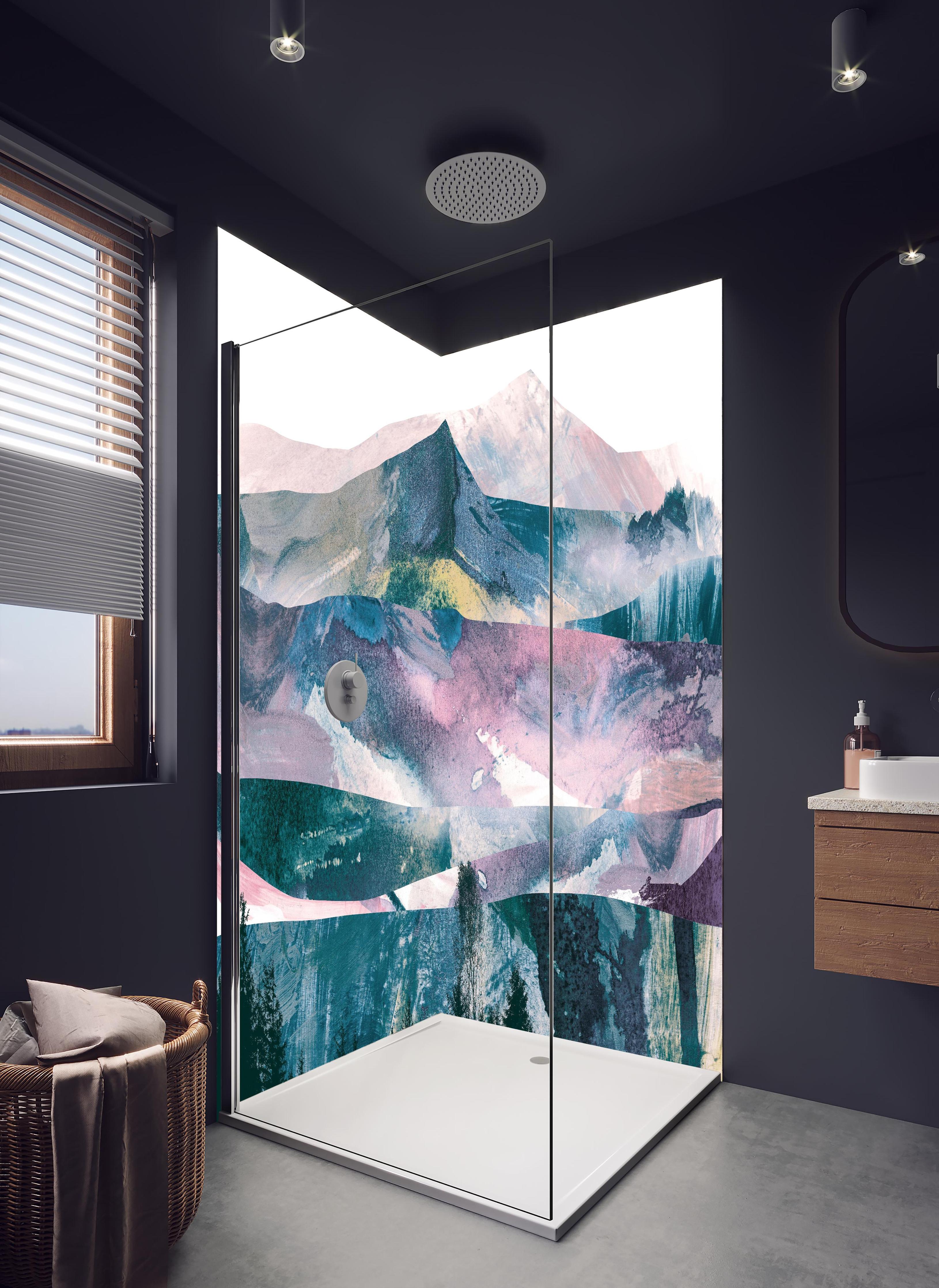 Duschrückwand - Pastellfarbene abstrakte Berg- und Waldszene in hellem Badezimmer mit Regenduschkopf - zweiteilige Eck-Duschrückwand