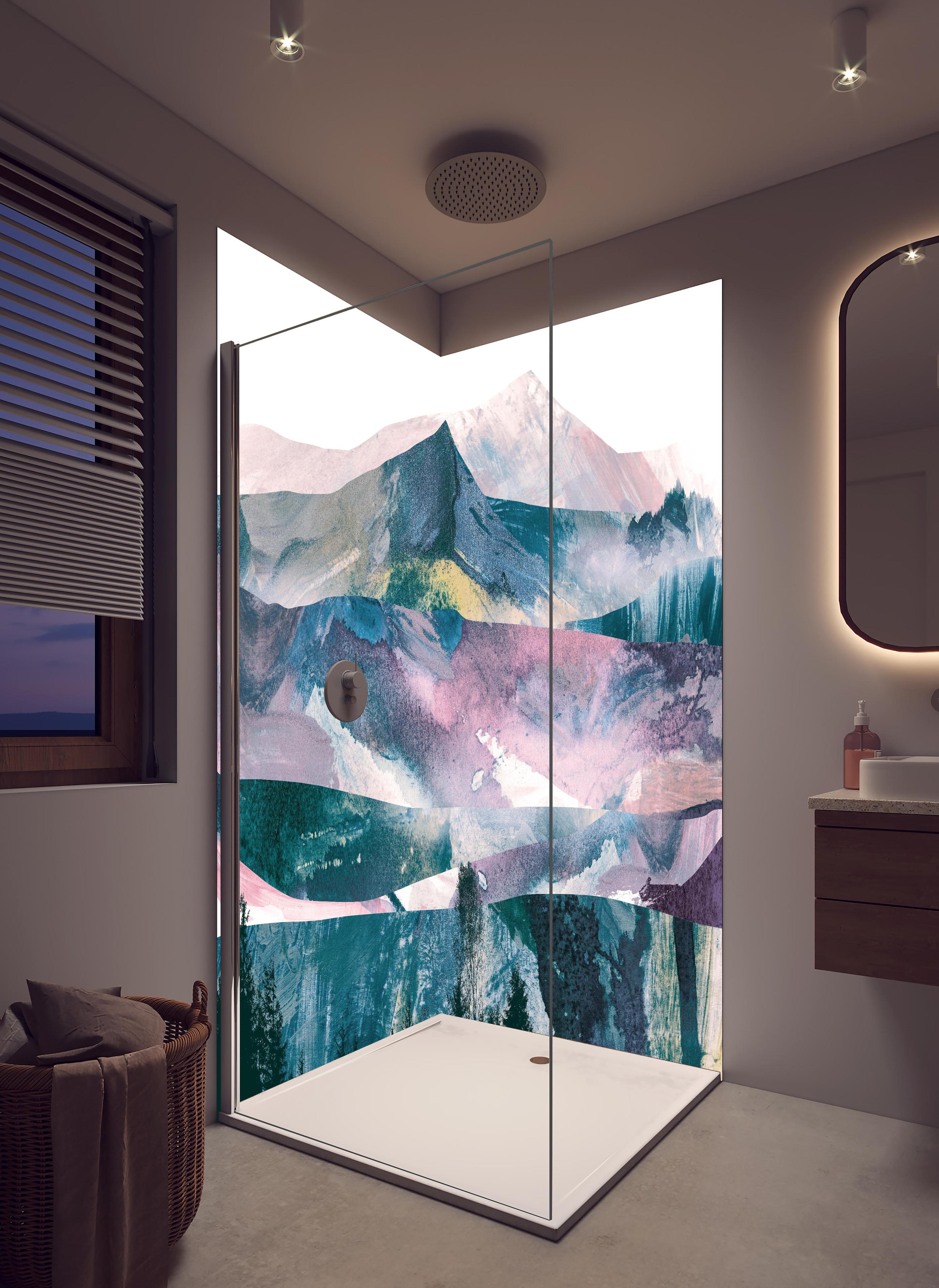 Duschrückwand - Pastellfarbene abstrakte Berg- und Waldszene in hellem Badezimmer mit Regenduschkopf - zweiteilige Eck-Duschrückwand