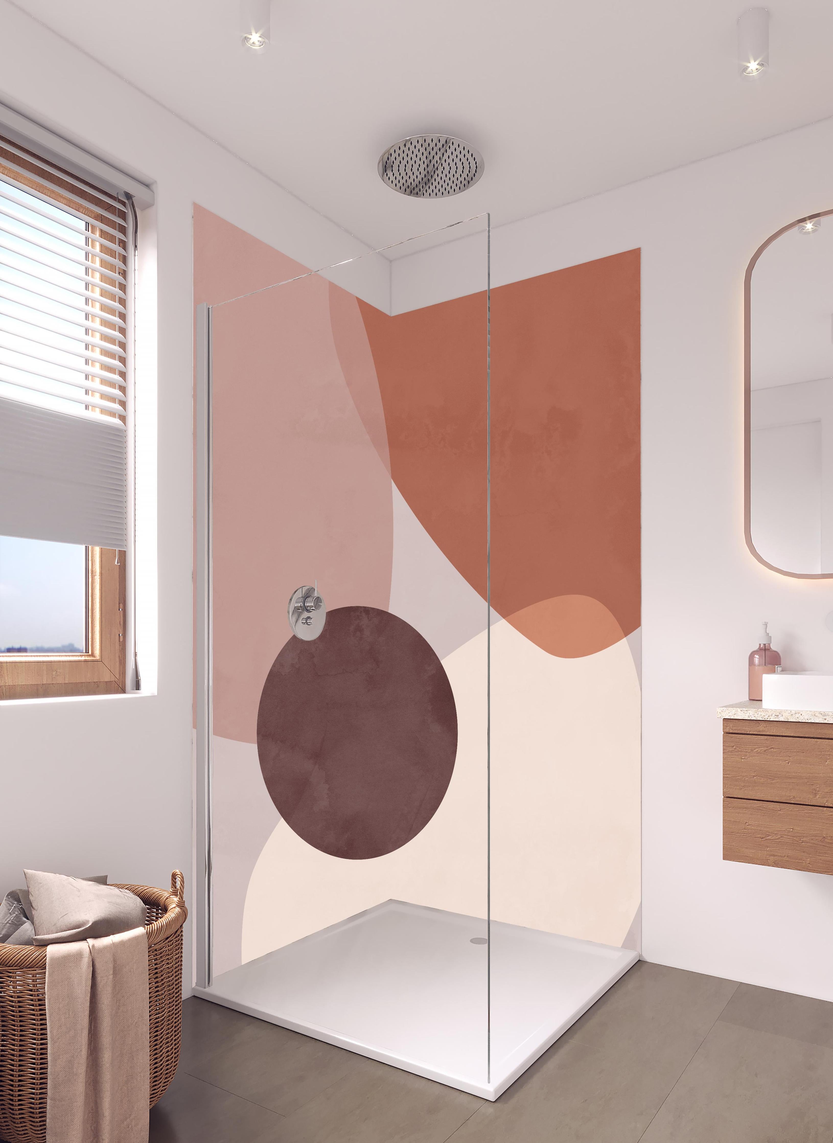 Duschrückwand - Pastellpastellfarbene Kreisformen Geometrisches Design in hellem Badezimmer mit Regenduschkopf - zweiteilige Eck-Duschrückwand