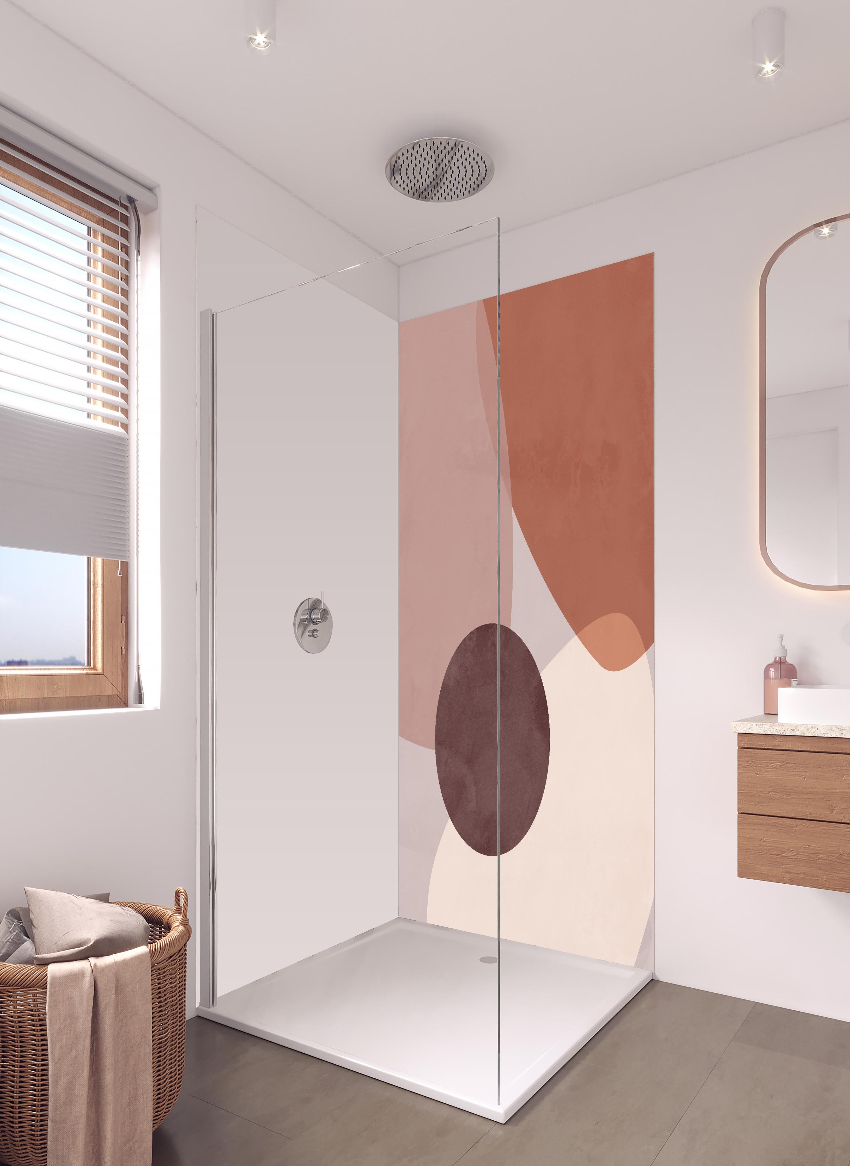 Duschrückwand - Pastellpastellfarbene Kreisformen Geometrisches Design in hellem Badezimmer mit Regenduschkopf - zweiteilige Eck-Duschrückwand