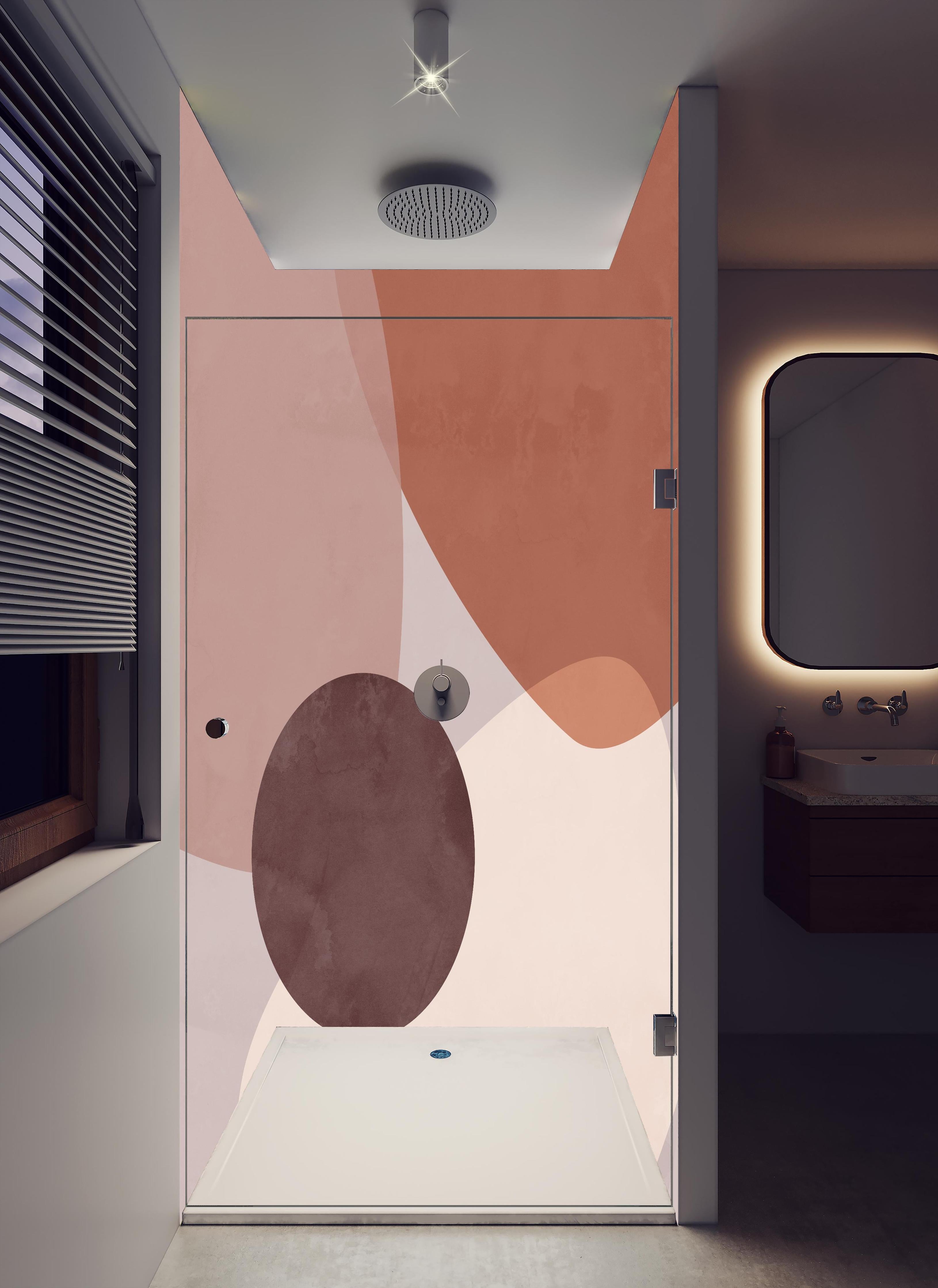 Duschrückwand - Pastellpastellfarbene Kreisformen Geometrisches Design in hellem Badezimmer mit Regenduschkopf - zweiteilige Eck-Duschrückwand