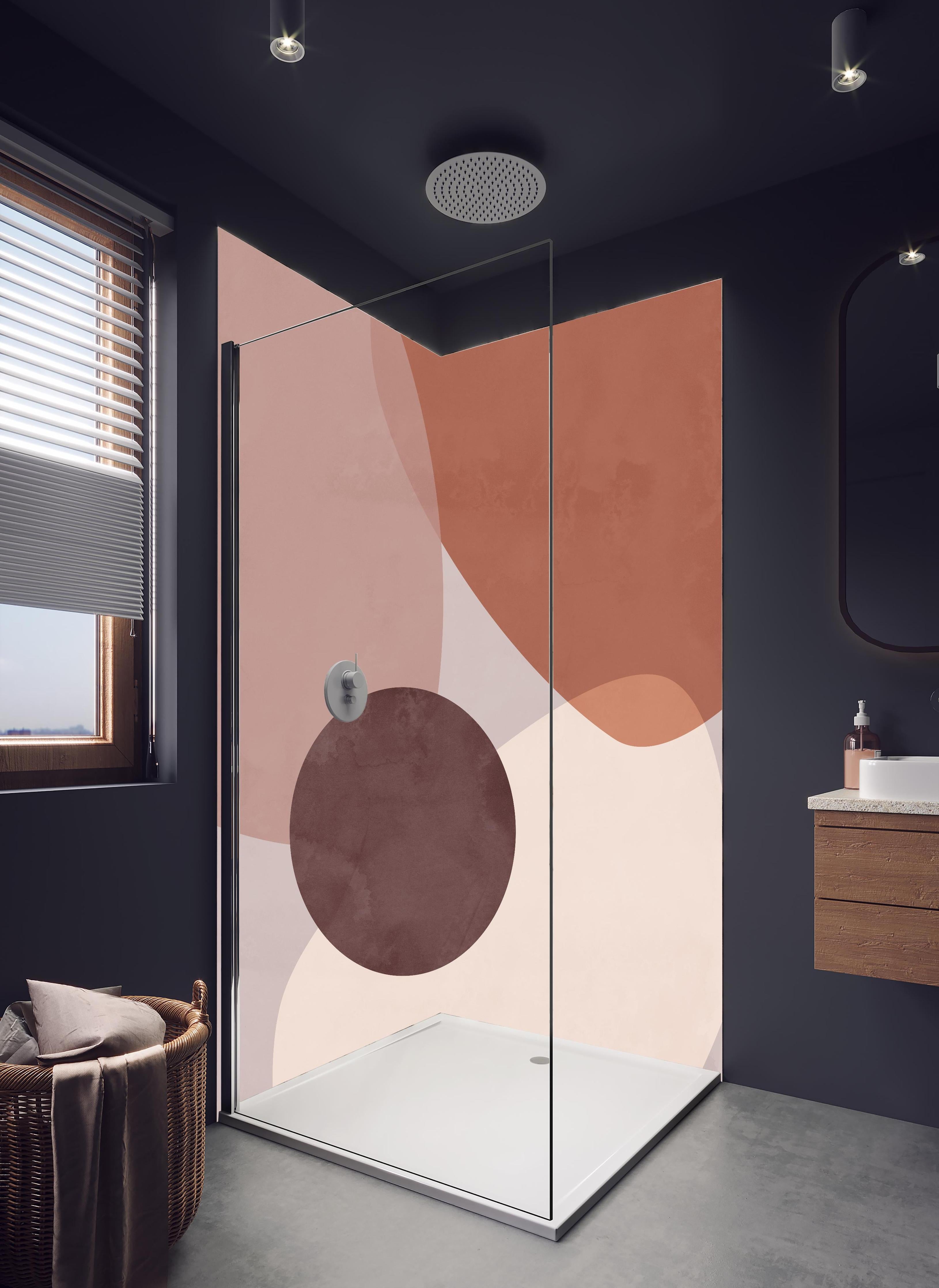 Duschrückwand - Pastellpastellfarbene Kreisformen Geometrisches Design in hellem Badezimmer mit Regenduschkopf - zweiteilige Eck-Duschrückwand