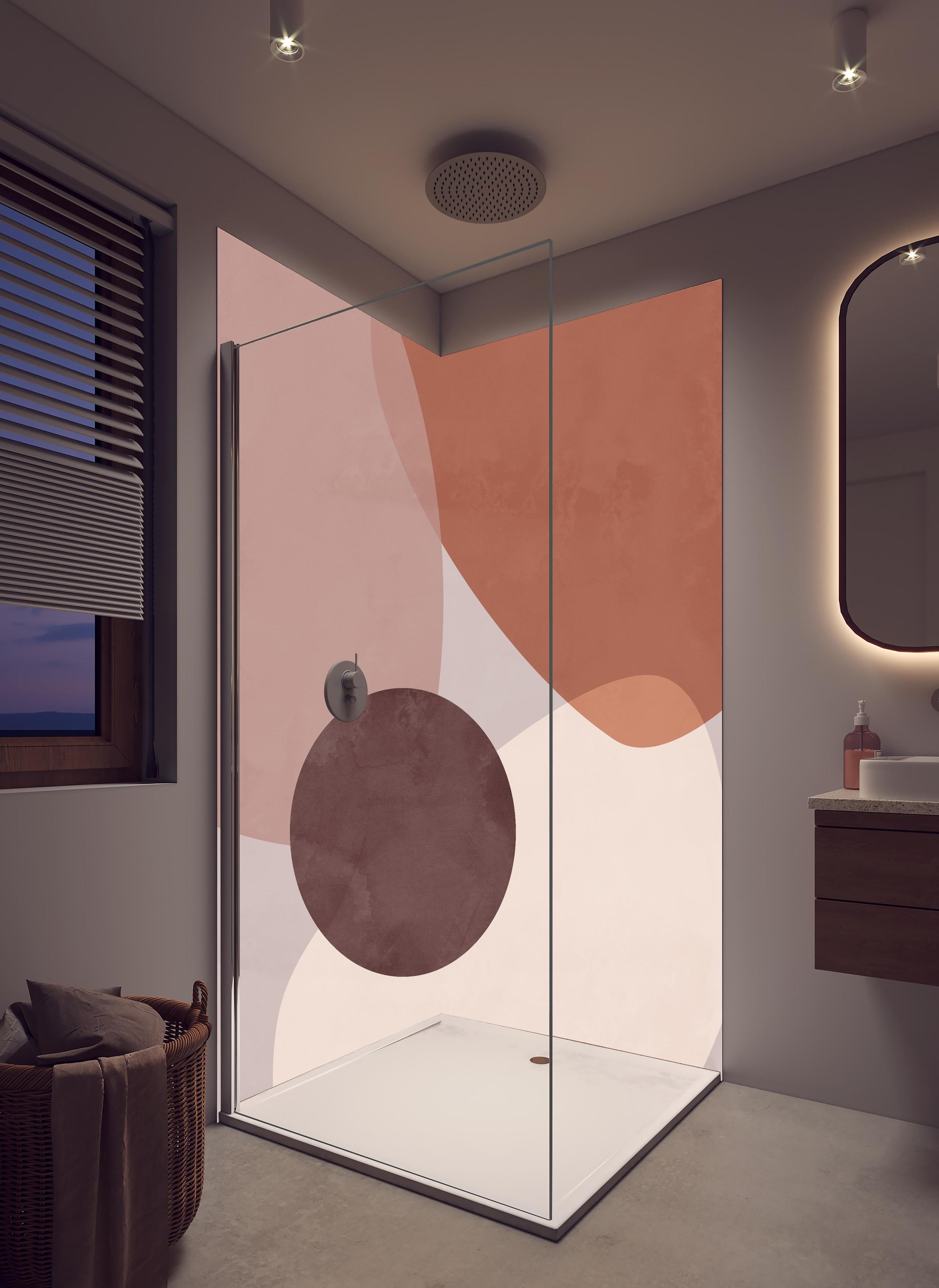 Duschrückwand - Pastellpastellfarbene Kreisformen Geometrisches Design in hellem Badezimmer mit Regenduschkopf - zweiteilige Eck-Duschrückwand