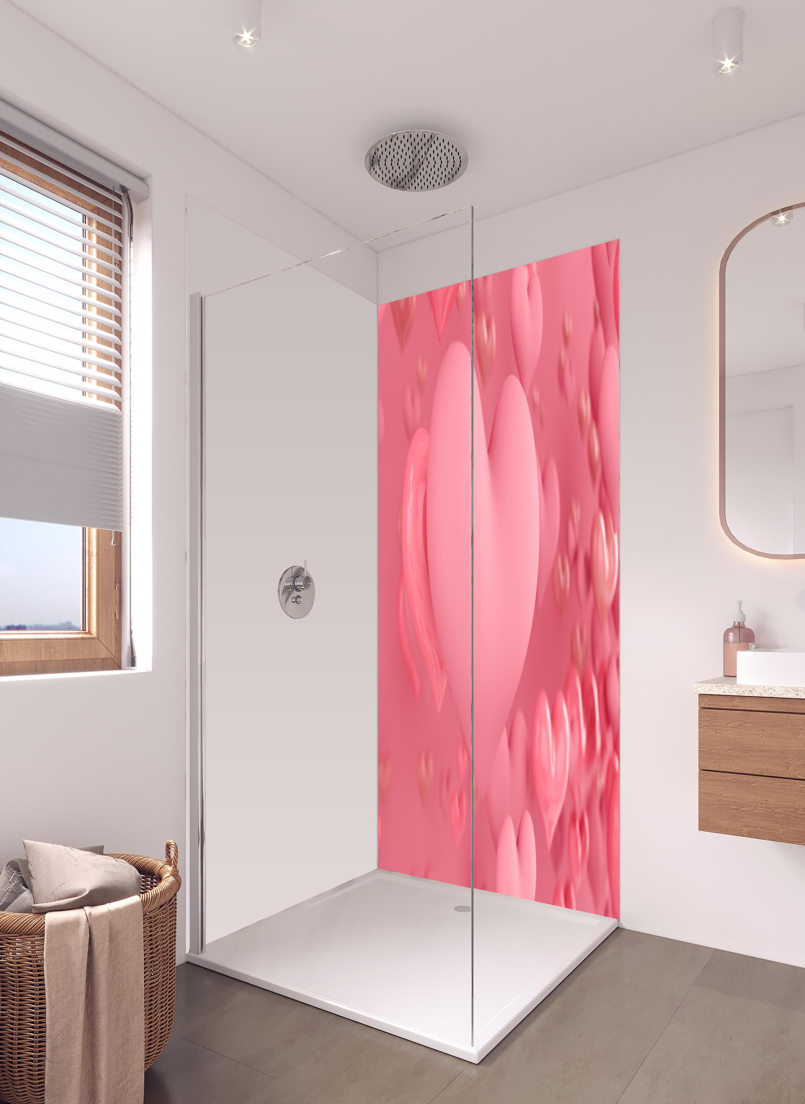 Duschrückwand - Pastellrosa Herzen - Valentinstag in hellem Badezimmer mit Regenduschkopf - zweiteilige Eck-Duschrückwand