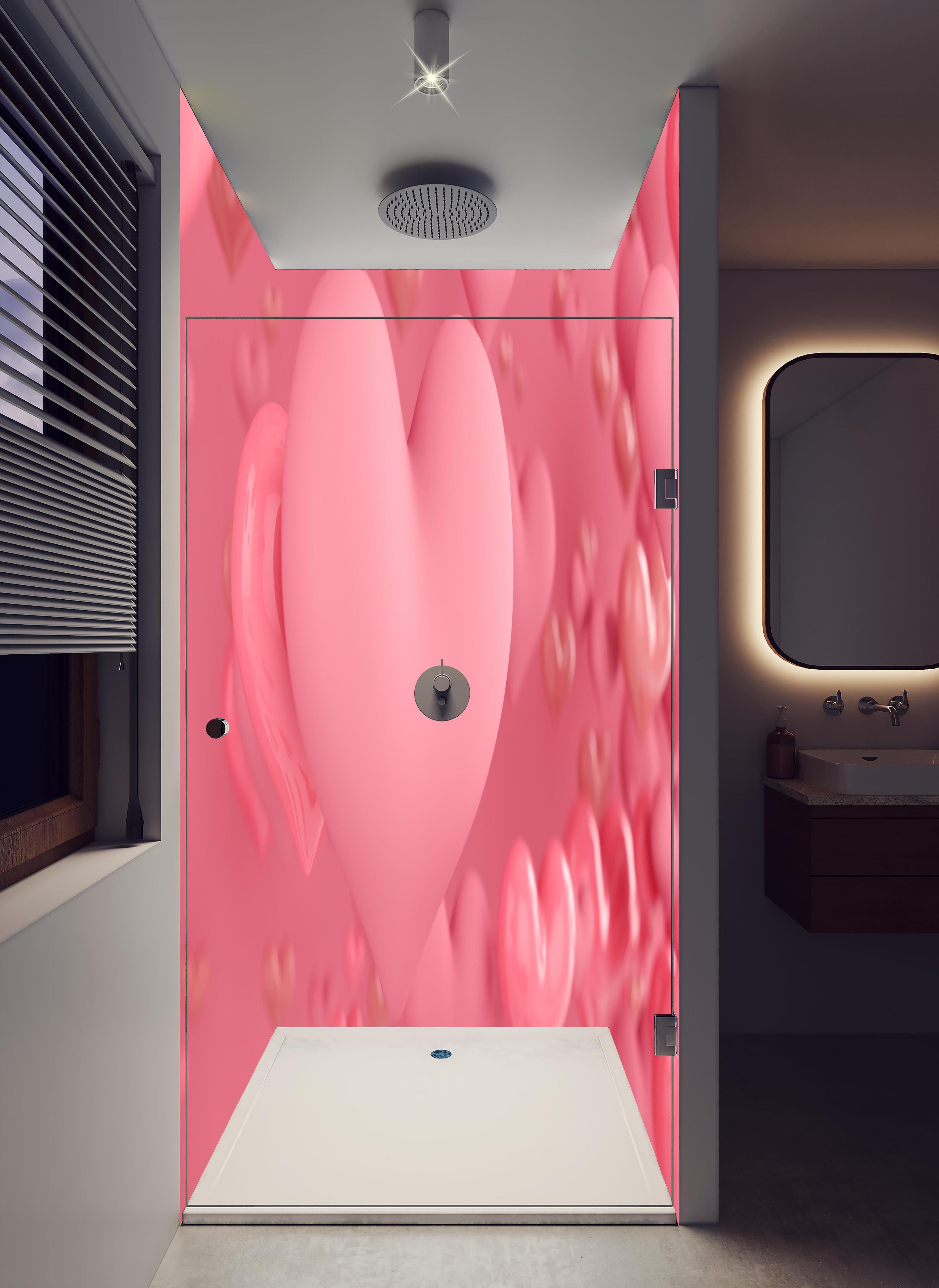 Duschrückwand - Pastellrosa Herzen - Valentinstag in hellem Badezimmer mit Regenduschkopf - zweiteilige Eck-Duschrückwand