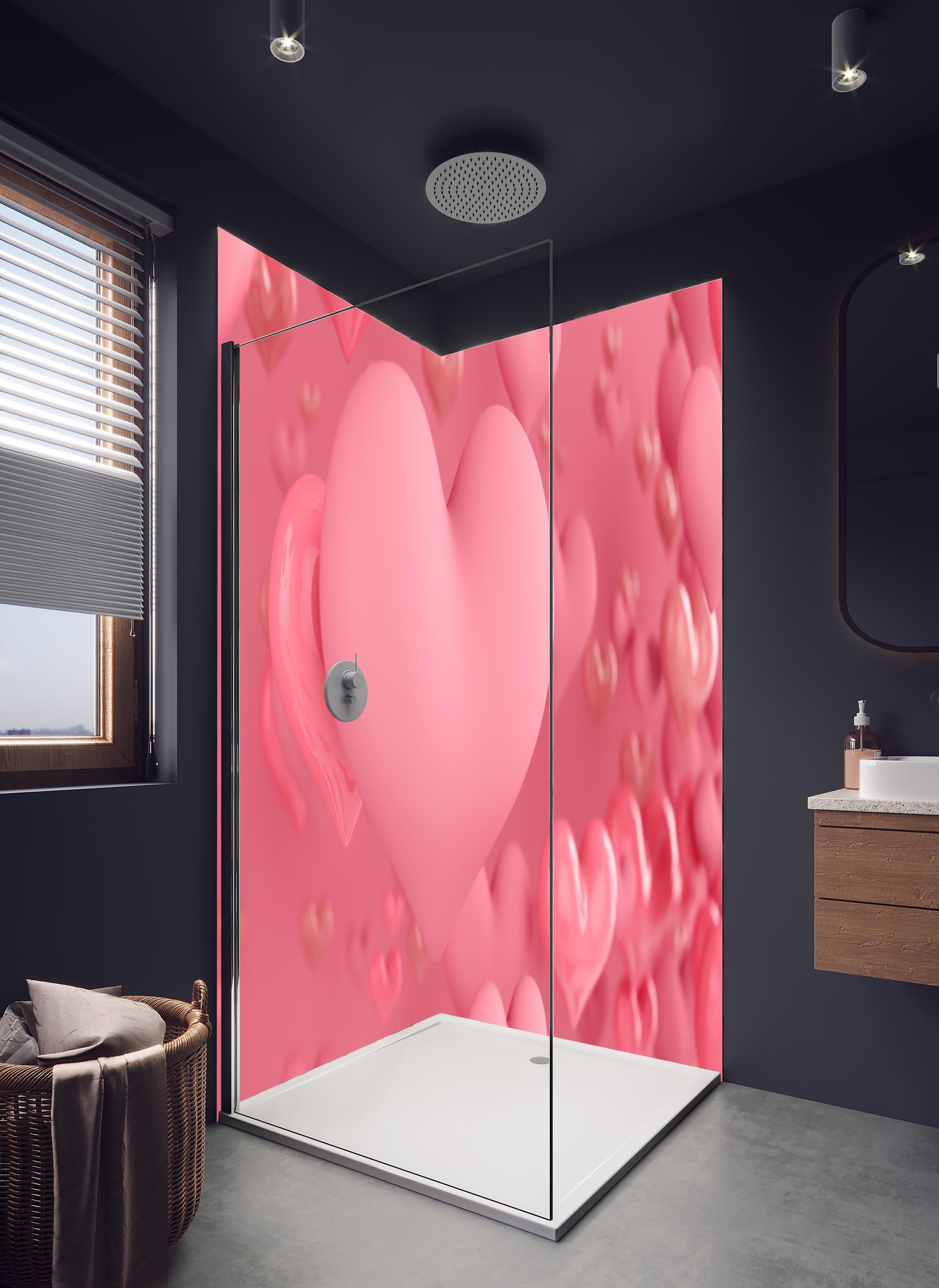 Duschrückwand - Pastellrosa Herzen - Valentinstag in hellem Badezimmer mit Regenduschkopf - zweiteilige Eck-Duschrückwand