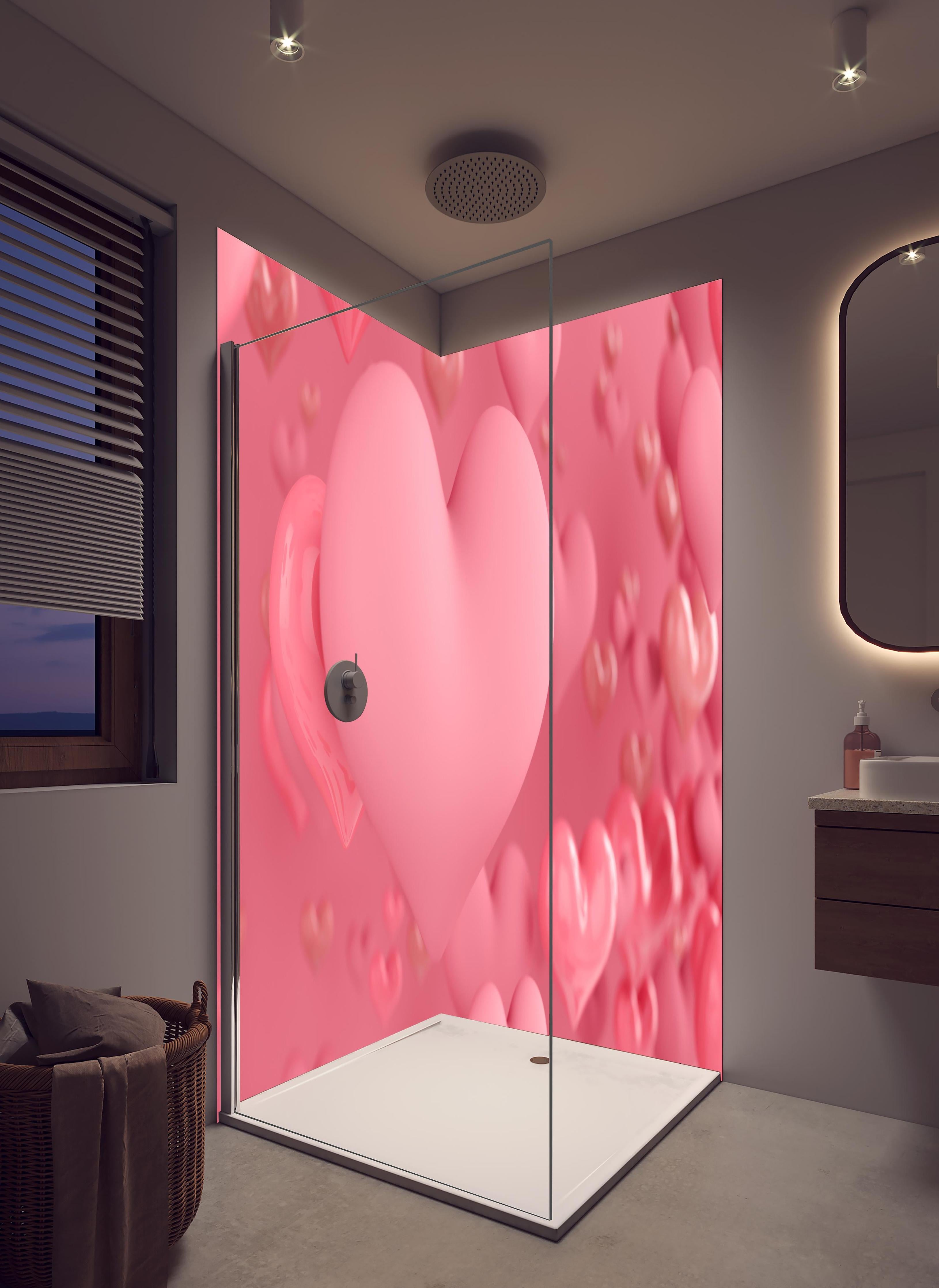Duschrückwand - Pastellrosa Herzen - Valentinstag in hellem Badezimmer mit Regenduschkopf - zweiteilige Eck-Duschrückwand