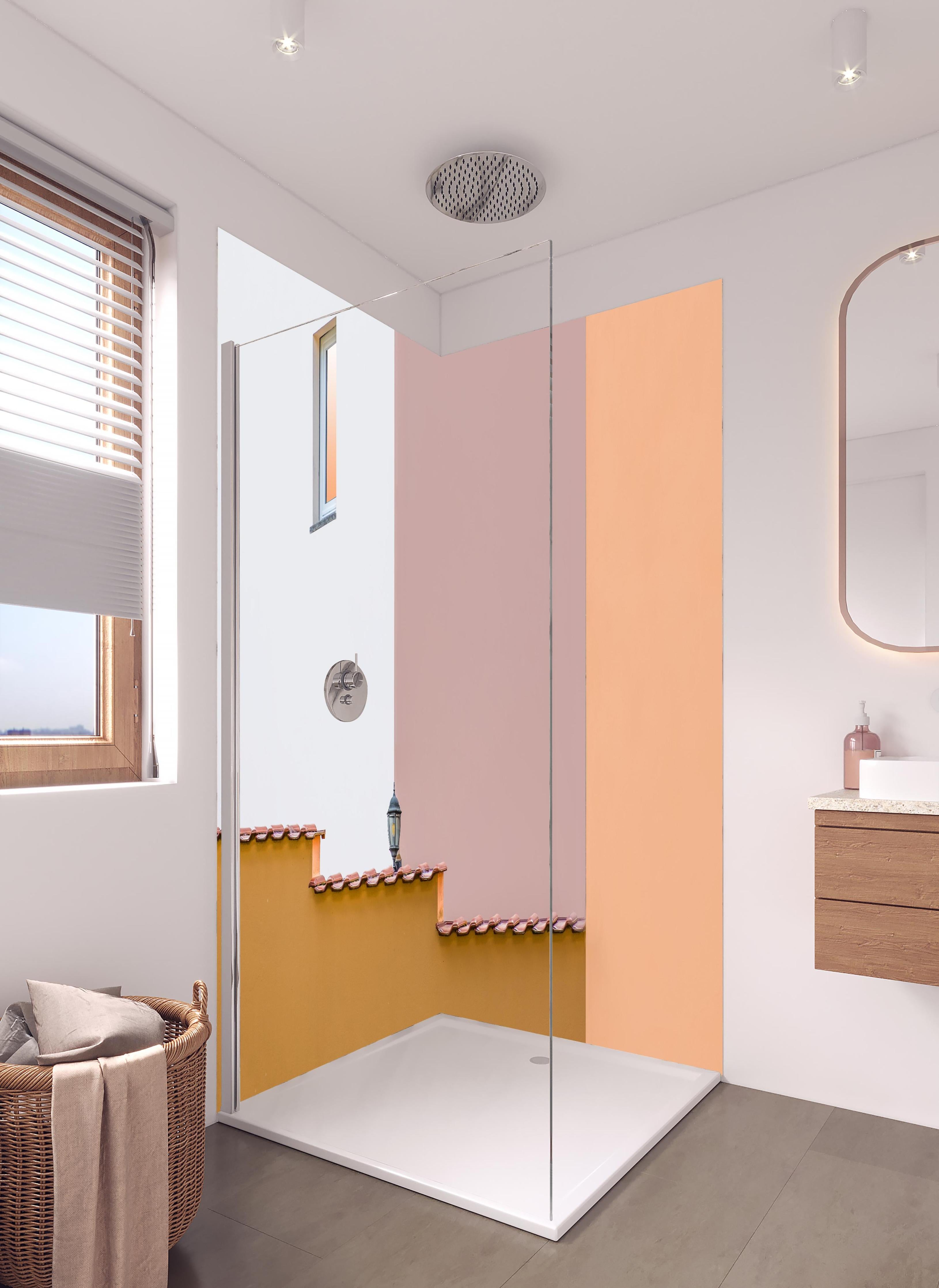 Duschrückwand - Pastelltöne in urbaner Architektur bei Dämmerung in hellem Badezimmer mit Regenduschkopf - zweiteilige Eck-Duschrückwand