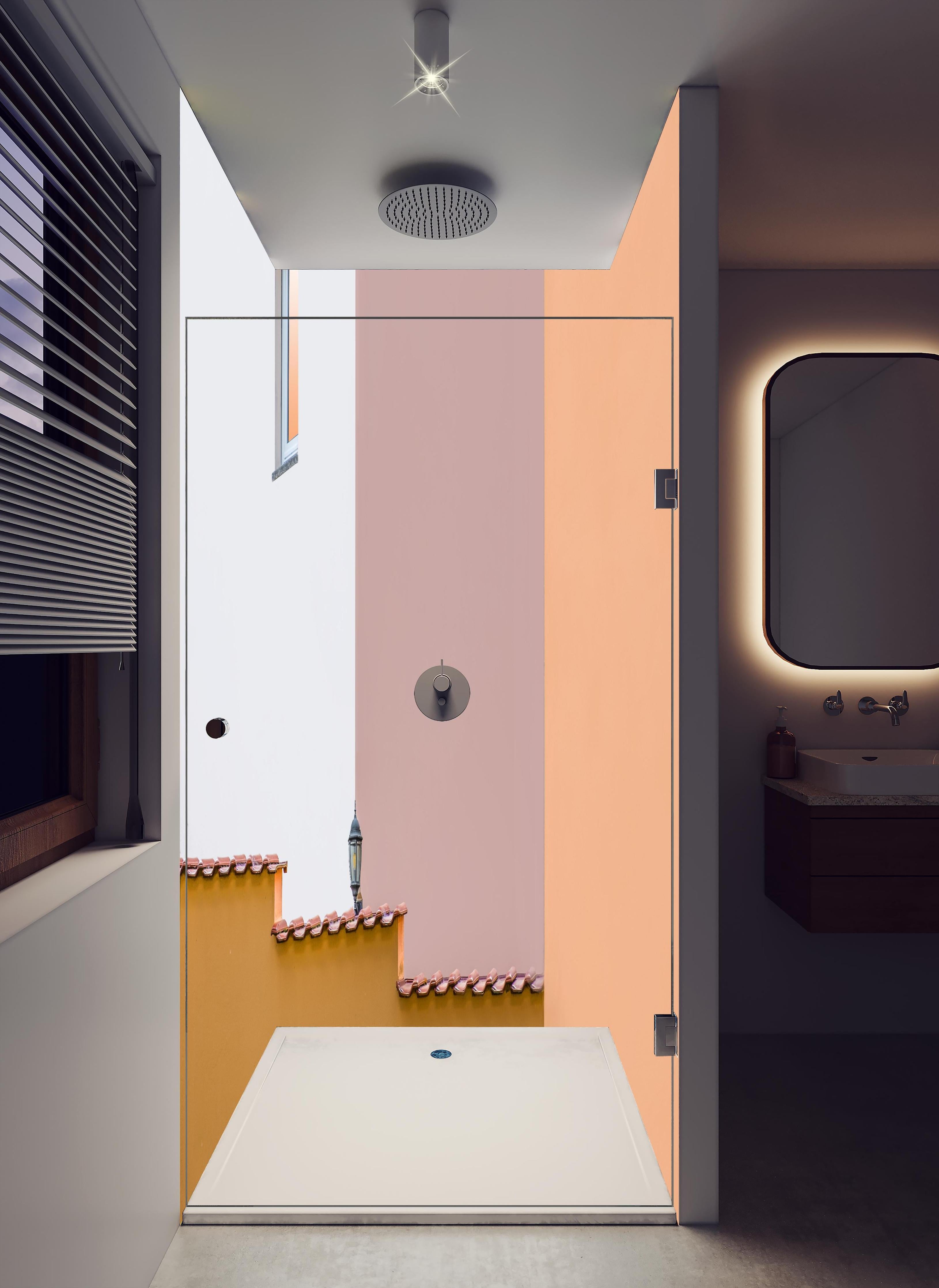 Duschrückwand - Pastelltöne in urbaner Architektur bei Dämmerung in hellem Badezimmer mit Regenduschkopf - zweiteilige Eck-Duschrückwand