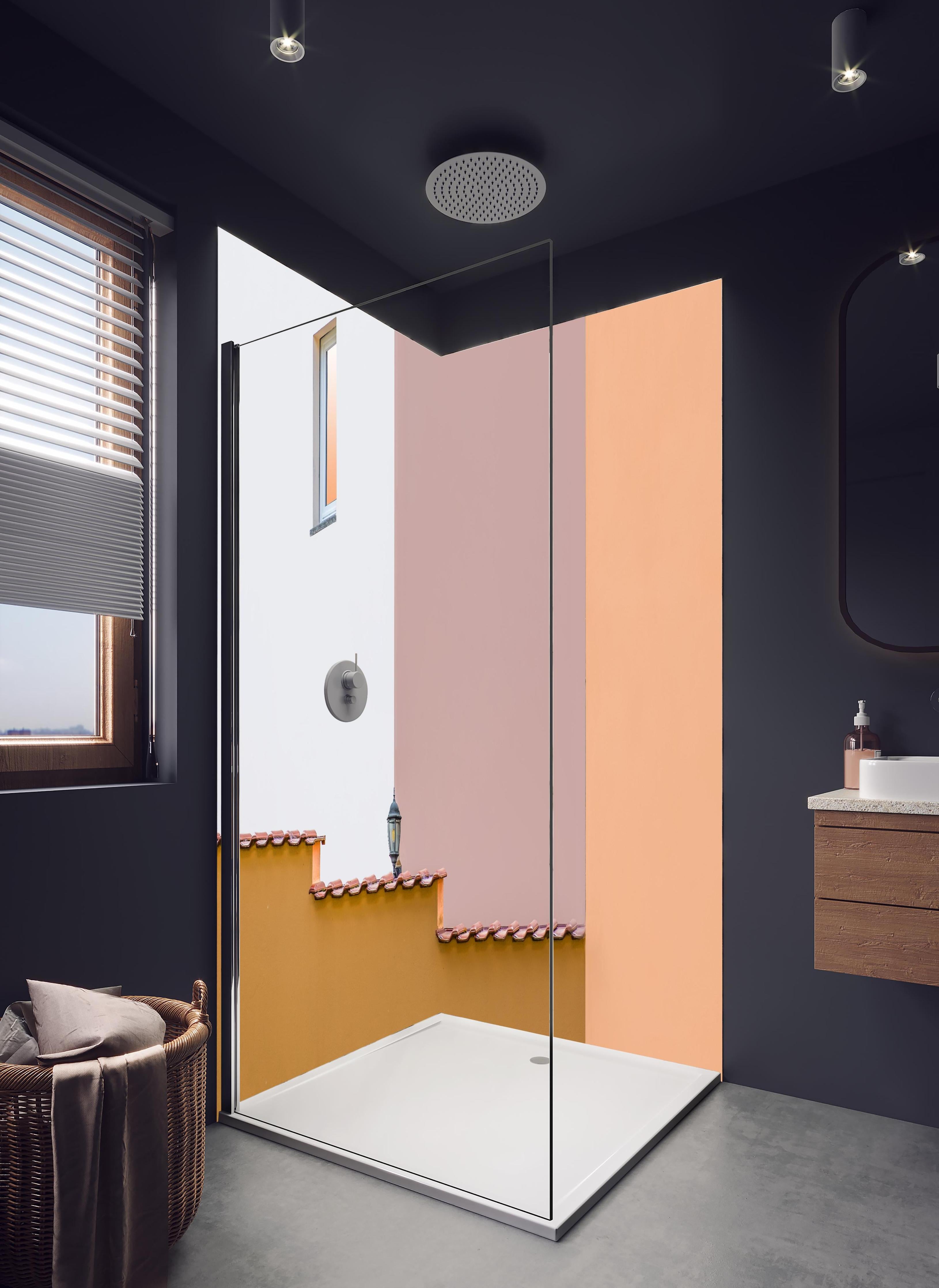 Duschrückwand - Pastelltöne in urbaner Architektur bei Dämmerung in hellem Badezimmer mit Regenduschkopf - zweiteilige Eck-Duschrückwand
