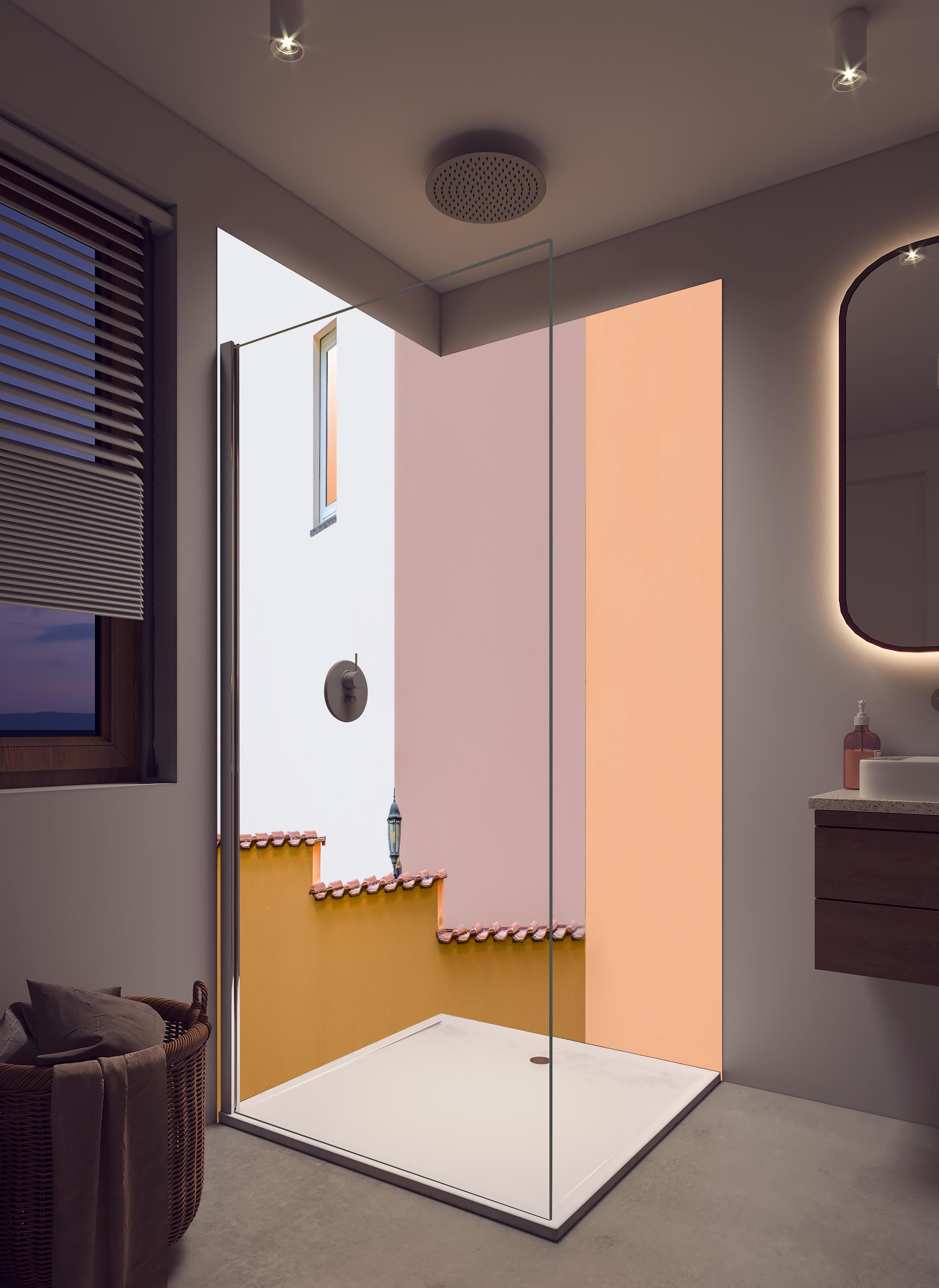 Duschrückwand - Pastelltöne in urbaner Architektur bei Dämmerung in hellem Badezimmer mit Regenduschkopf - zweiteilige Eck-Duschrückwand