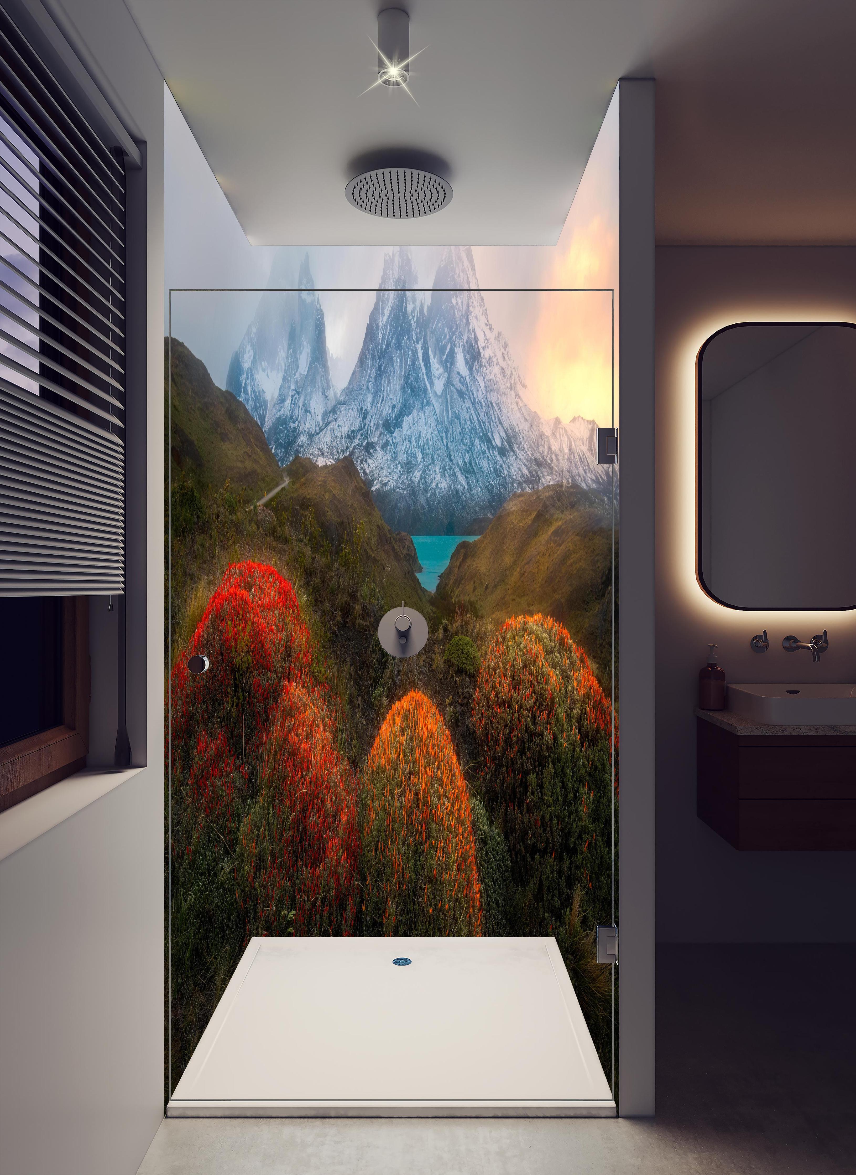 Duschrückwand - Patagonischer Frühling mit schneebedeckten Gipfeln in hellem Badezimmer mit Regenduschkopf - zweiteilige Eck-Duschrückwand