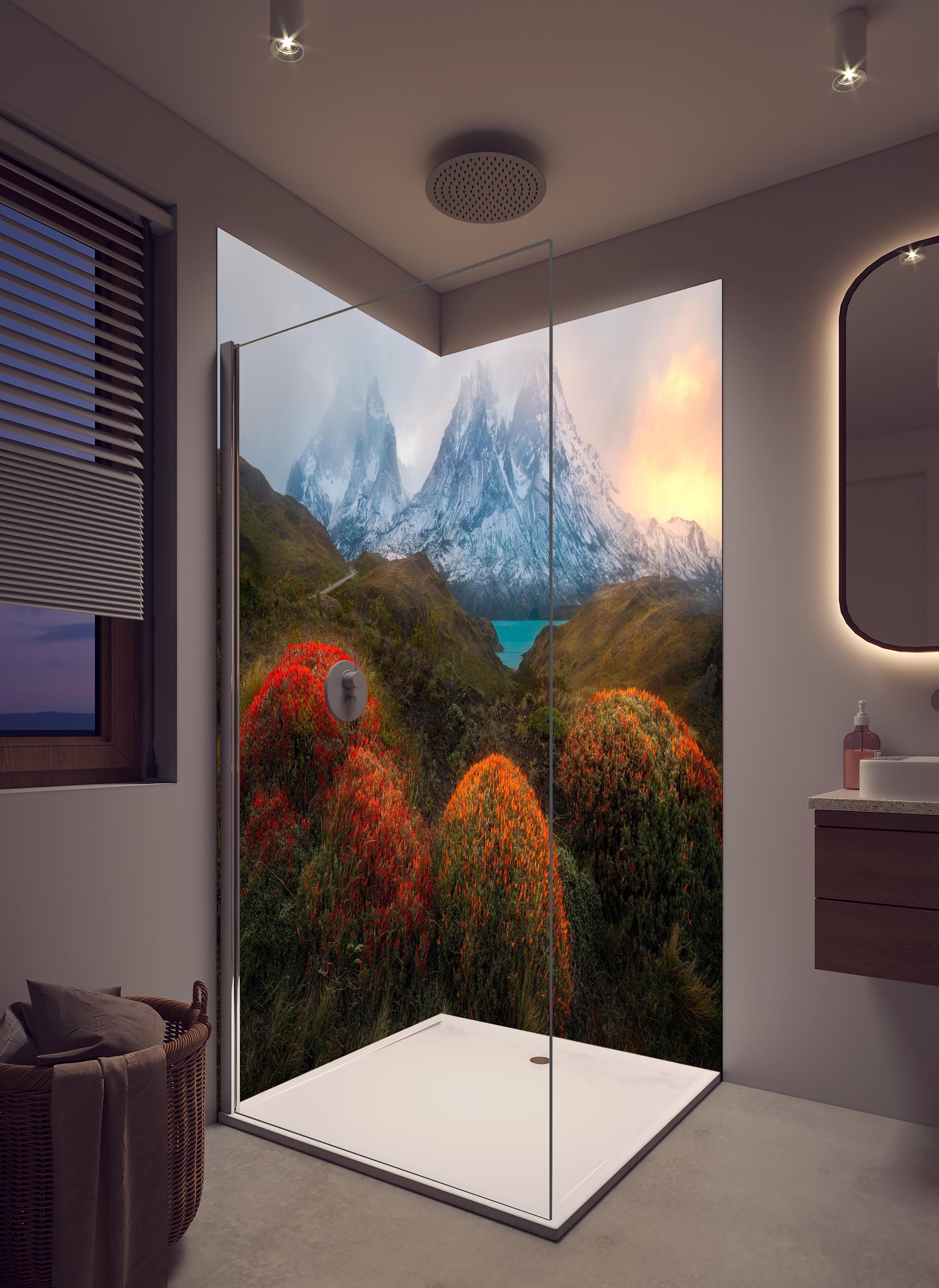 Duschrückwand - Patagonischer Frühling mit schneebedeckten Gipfeln in hellem Badezimmer mit Regenduschkopf - zweiteilige Eck-Duschrückwand