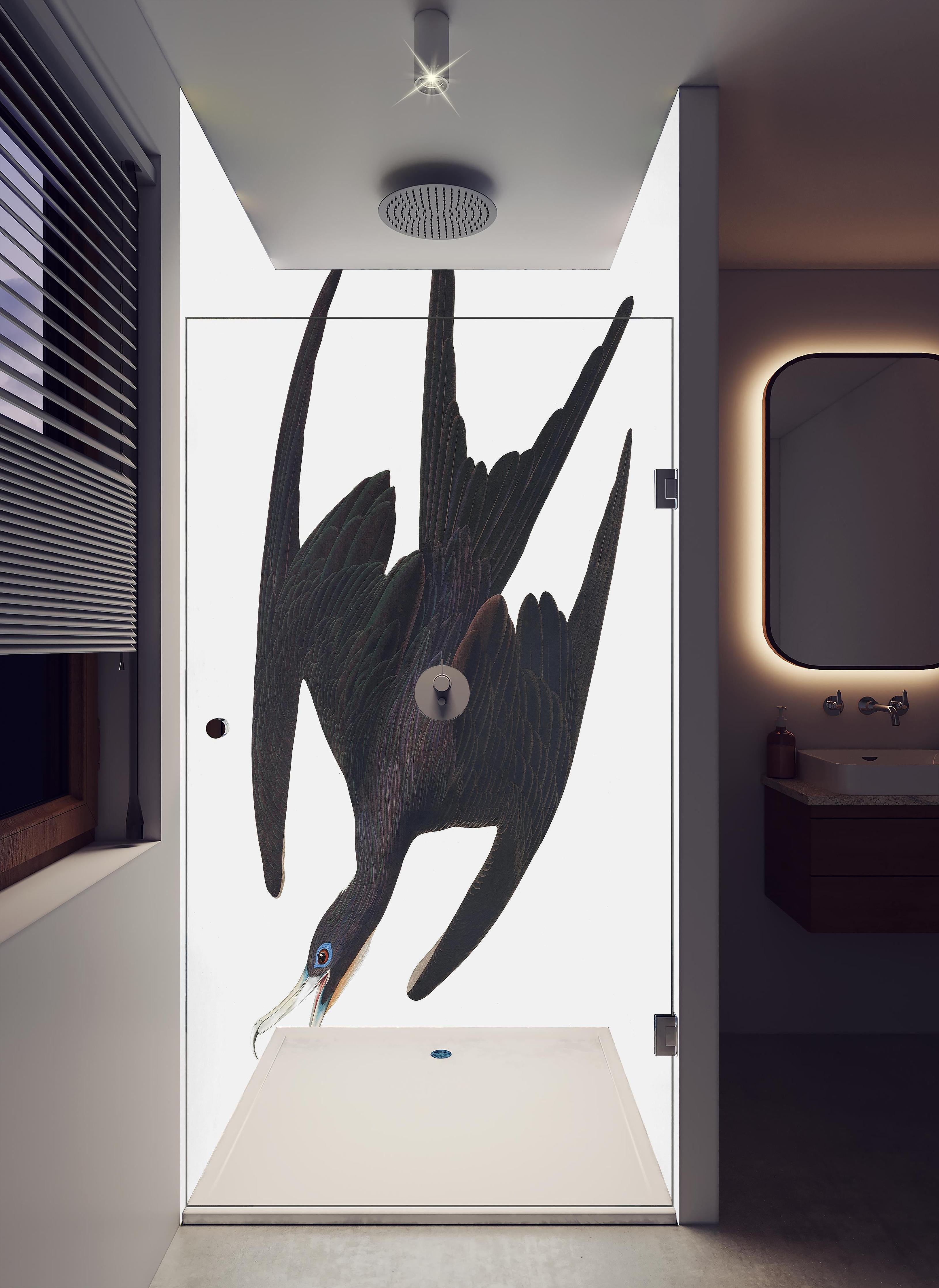 Duschrückwand - Pelikan Portrait - Robert Havell in hellem Badezimmer mit Regenduschkopf - zweiteilige Eck-Duschrückwand