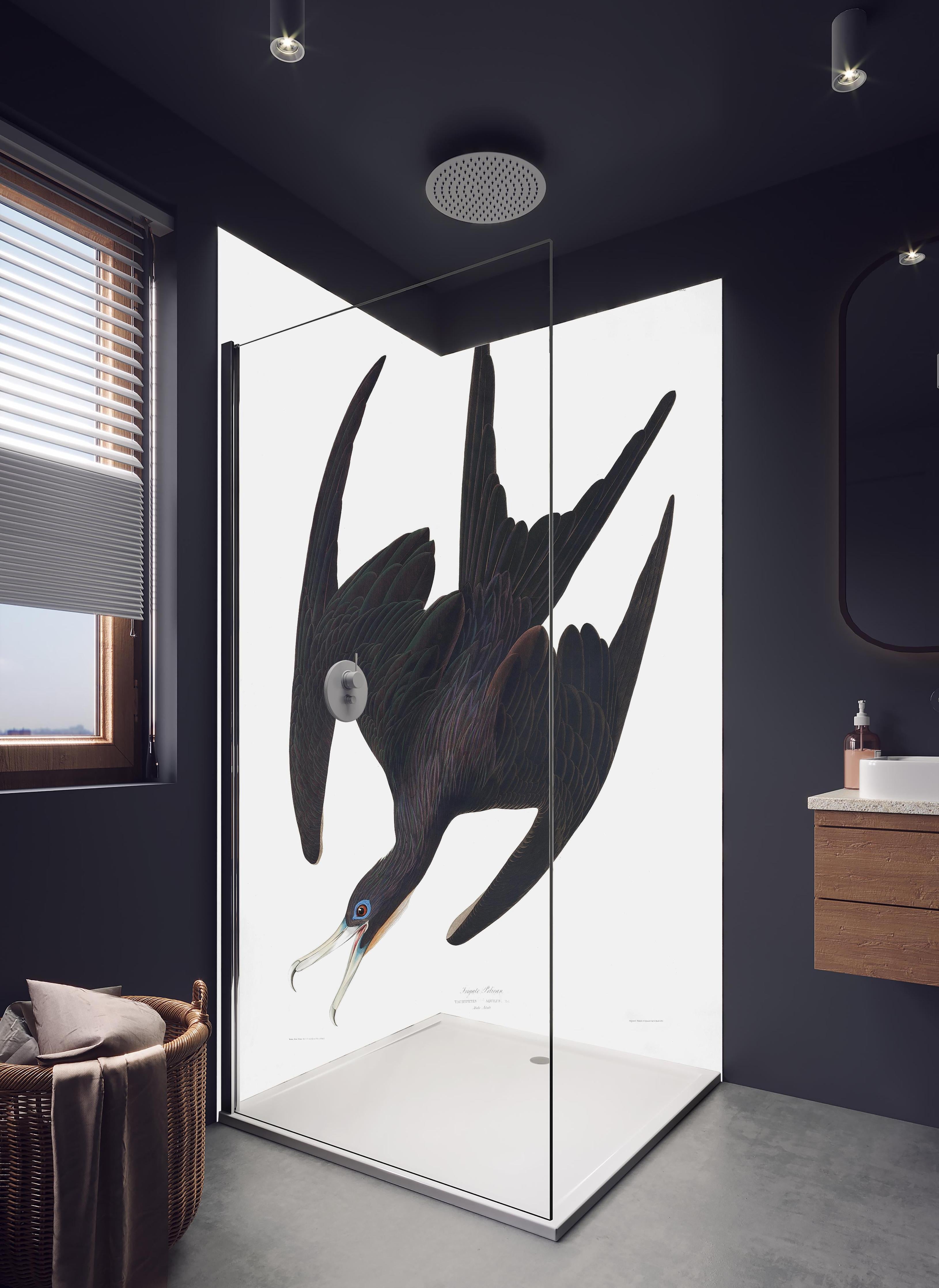 Duschrückwand - Pelikan Portrait - Robert Havell in hellem Badezimmer mit Regenduschkopf - zweiteilige Eck-Duschrückwand